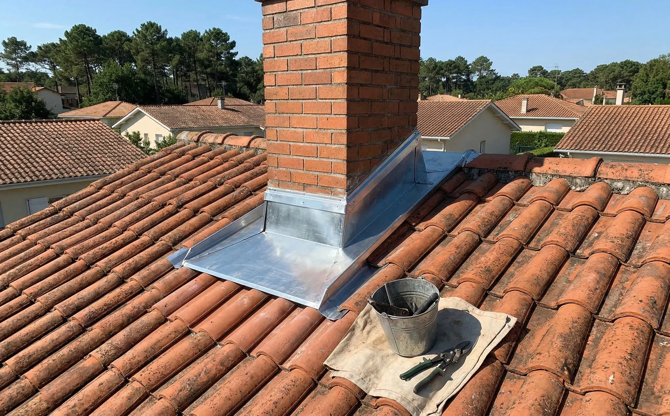 Abergement en zinc neuf autour d'une cheminée en brique sur toiture en tuile canal