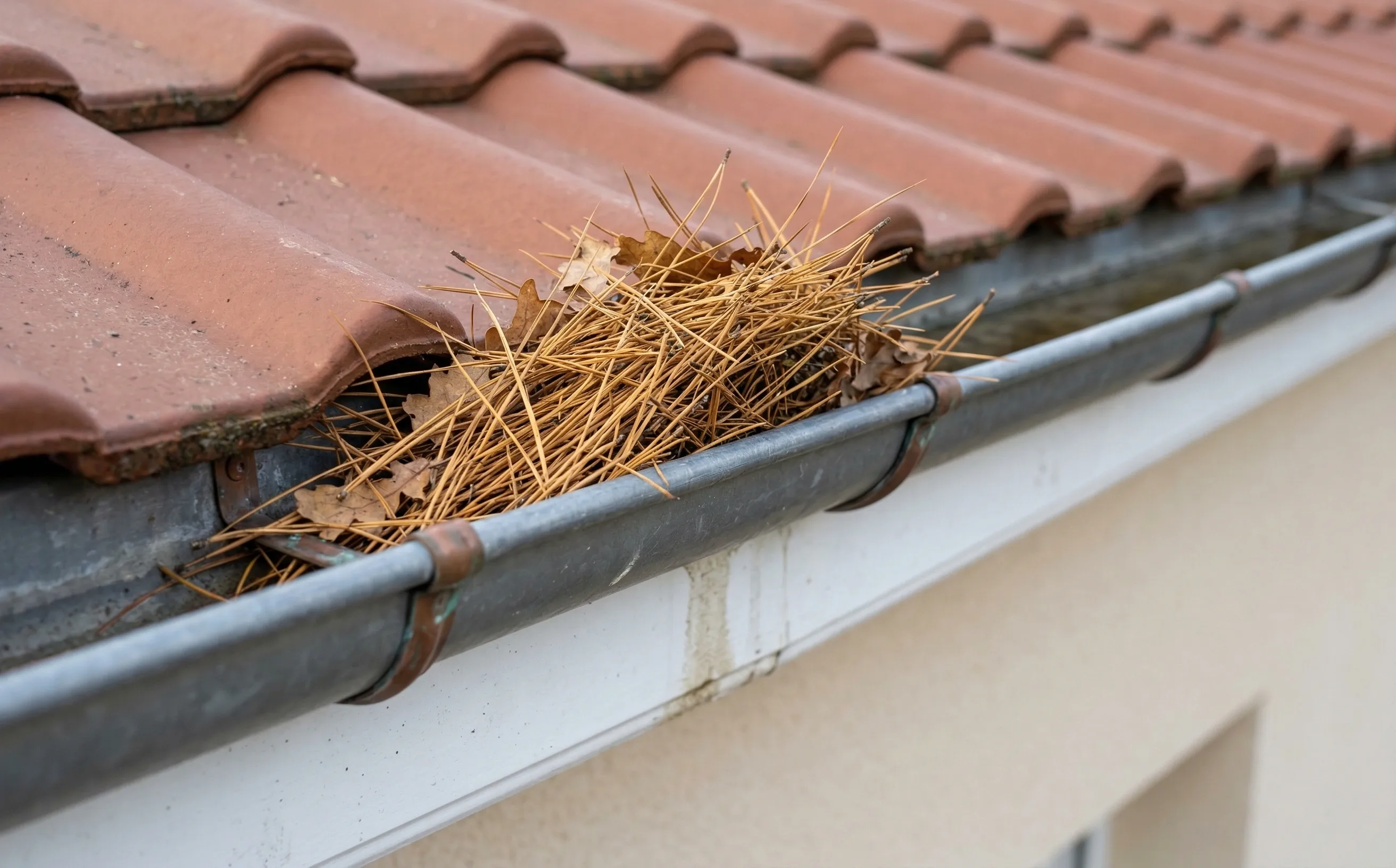 Gros plan sur des aiguilles de pin maritime accumulées dans une gouttière zinc sur un pavillon girondin