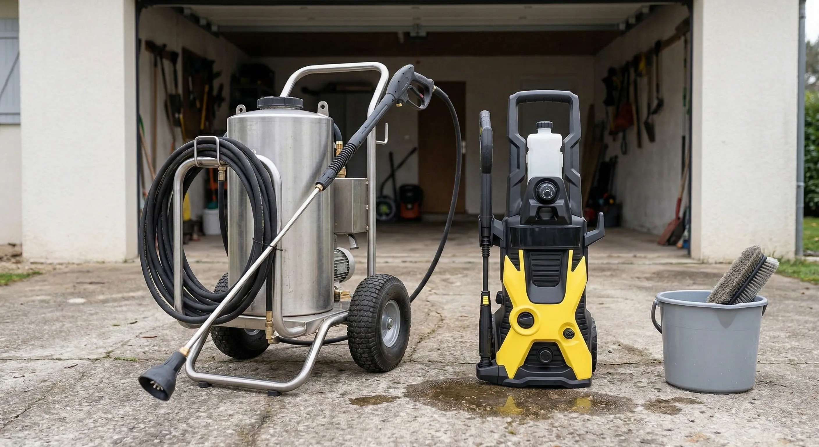 Appareil de nettoyage basse pression professionnel posé à côté d'un Kärcher domestique, différence de taille et de buse visible