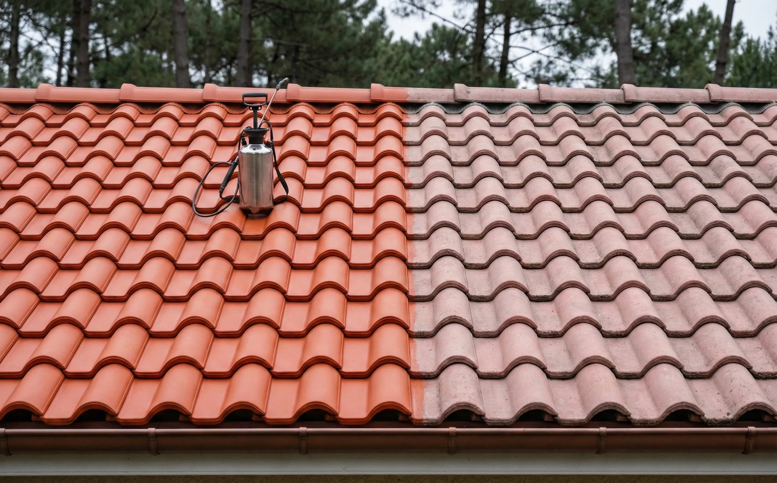 Traitement hydrofuge colore sur tuiles terre cuite a Pessac, contraste entre zone traitee et non traitee