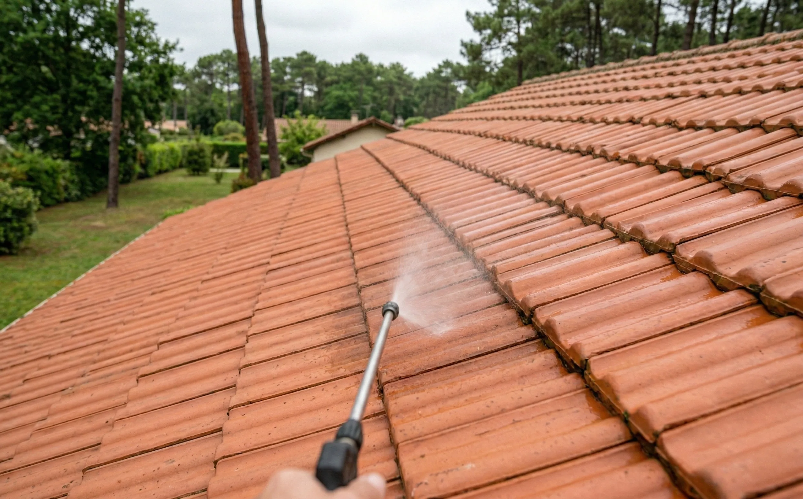 Tuiles mécaniques nettoyées avec application d'hydrofuge, contraste entre surface mate et surface brillante traitée