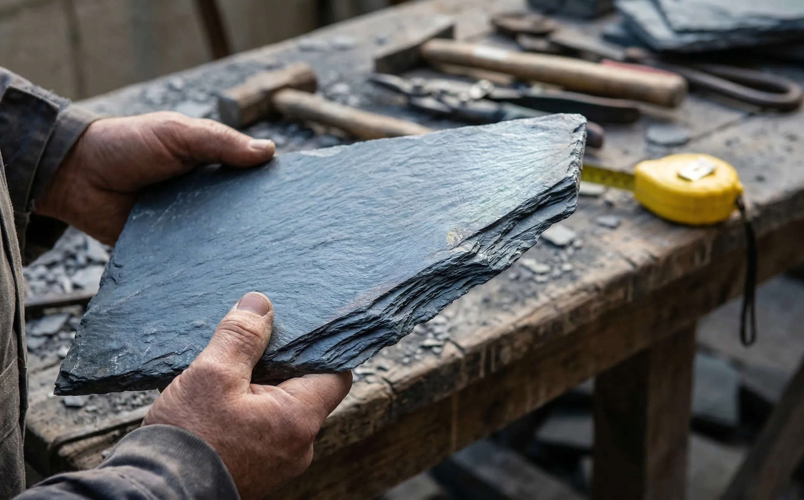 Gros plan sur une ardoise naturelle tenue en main, texture schisteuse et reflets bleu-gris