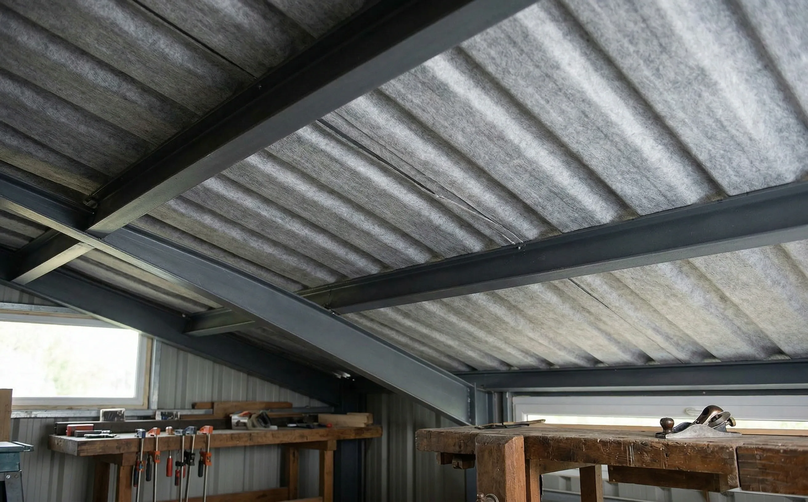 Sous-face d'une toiture en bac acier avec feutrine anti-condensation grise