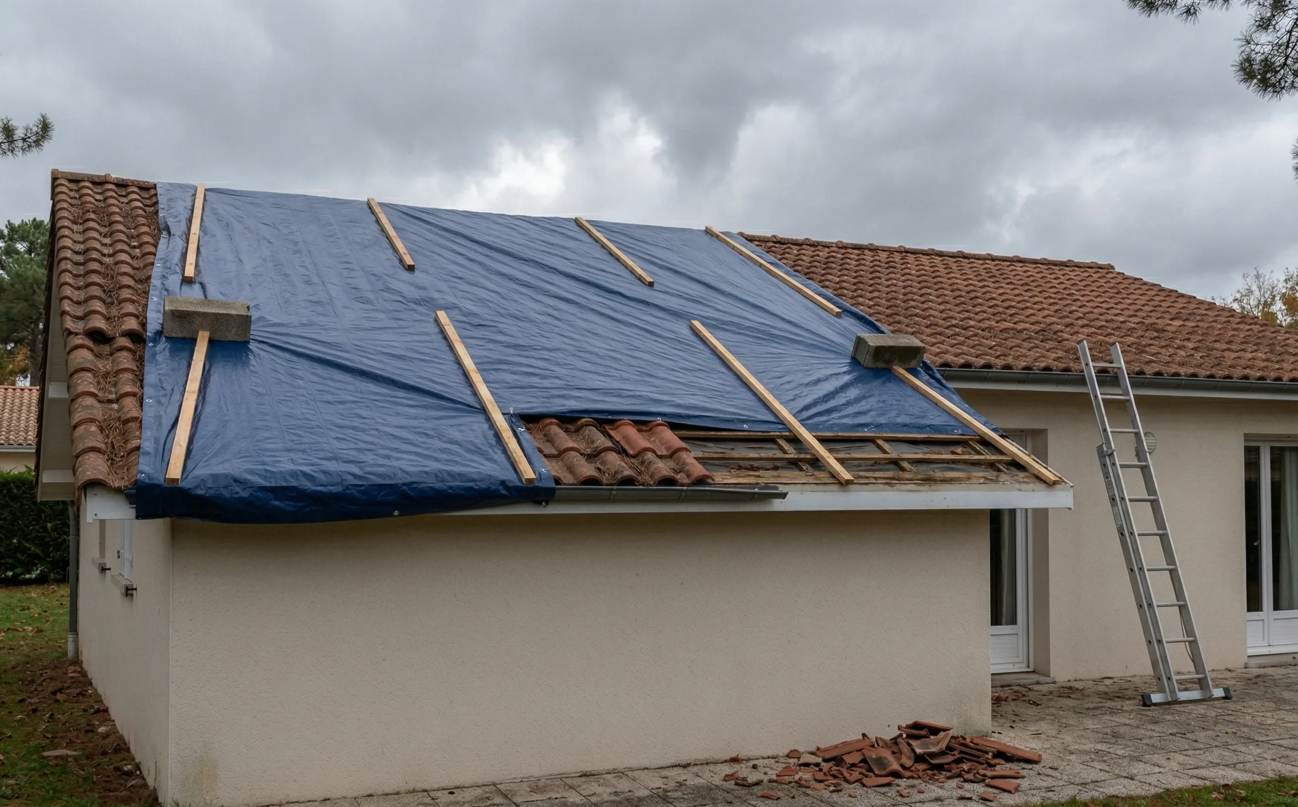 Bâche bleue fixée sur une portion de toiture par des tasseaux et des parpaings, tuiles manquantes visibles, pavillon en crépi blanc