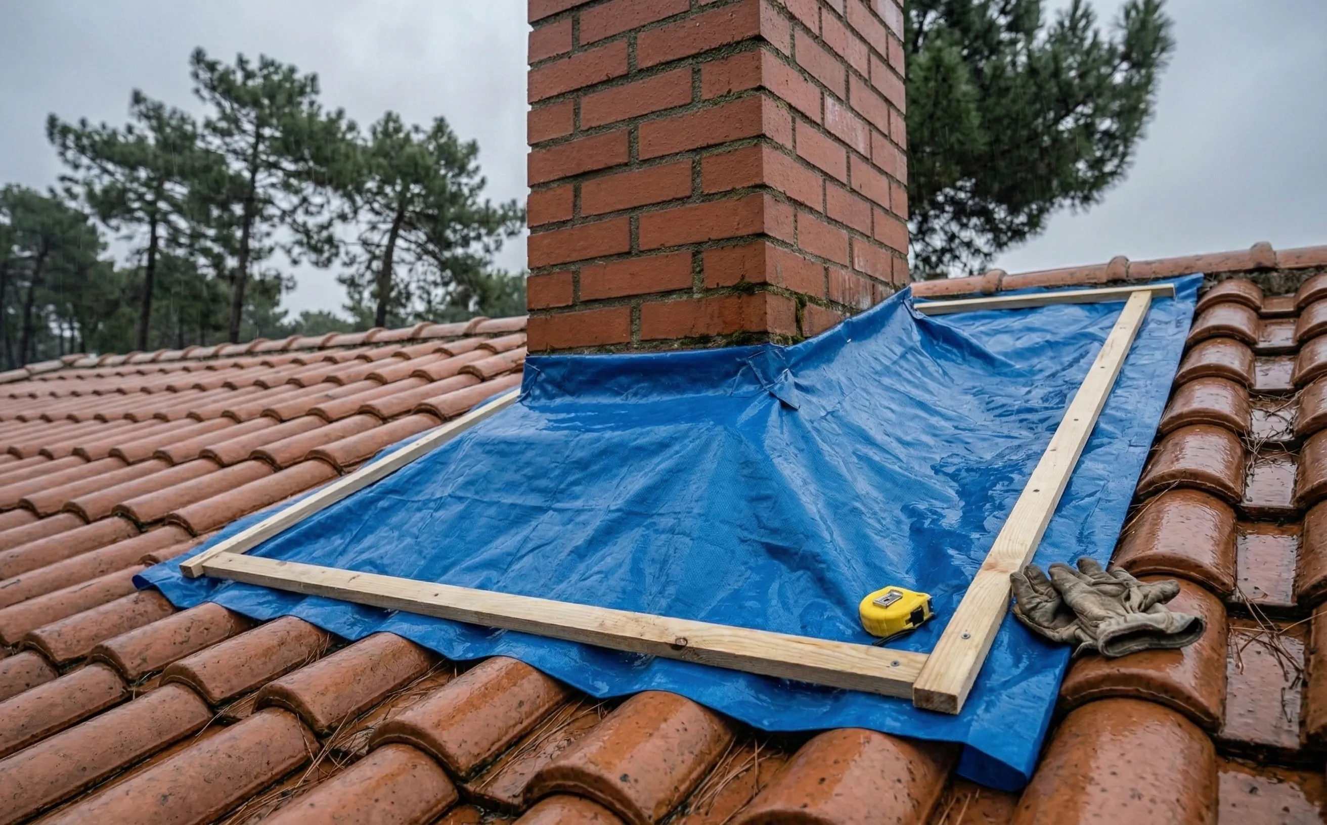 Bâche de protection bleue fixée avec des tasseaux de bois sur une toiture en tuile mécanique autour d'une cheminée