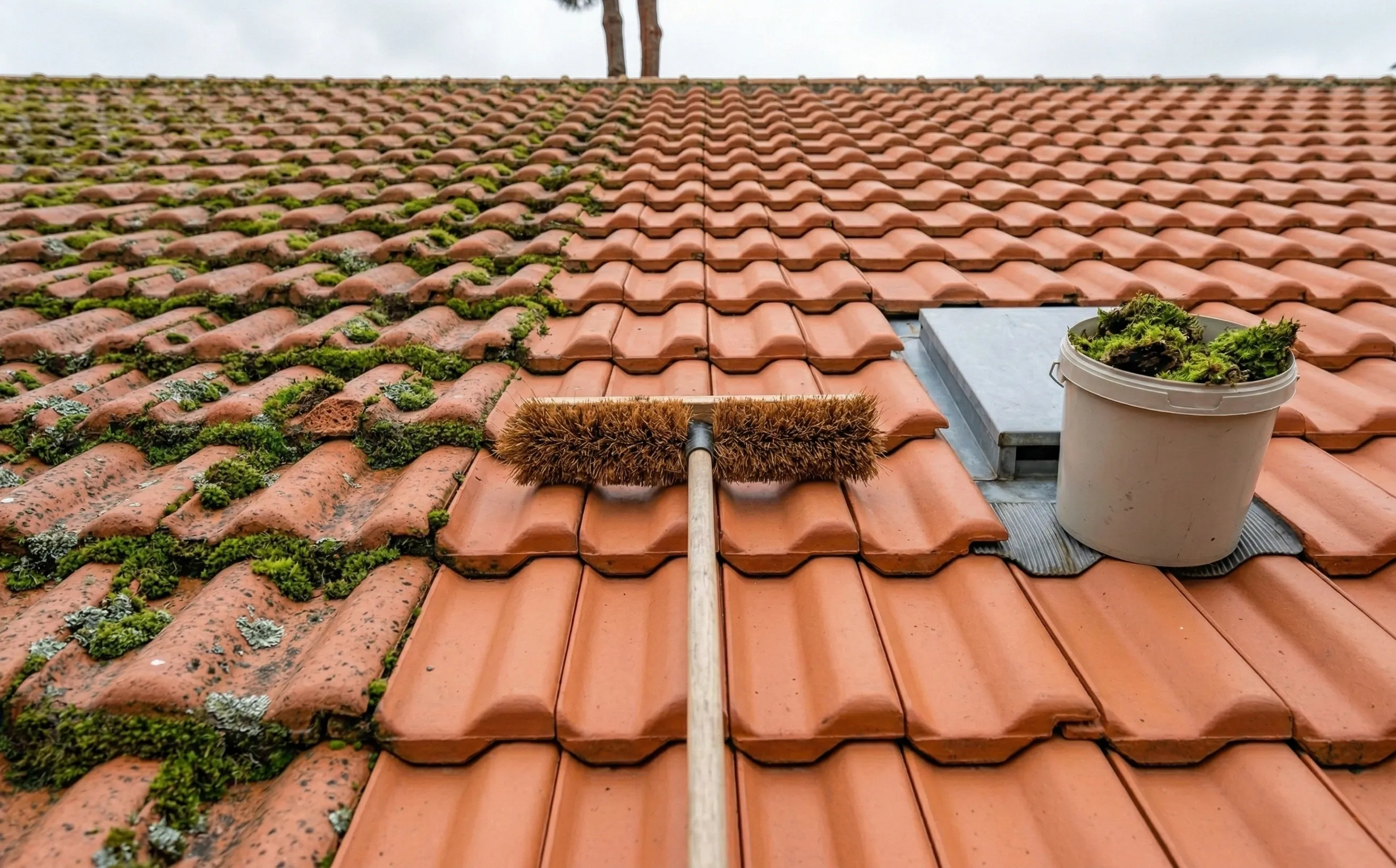 Brosse en chiendent et seau sur toiture en cours de brossage manuel, contraste entre zone moussue et tuiles nettoyées
