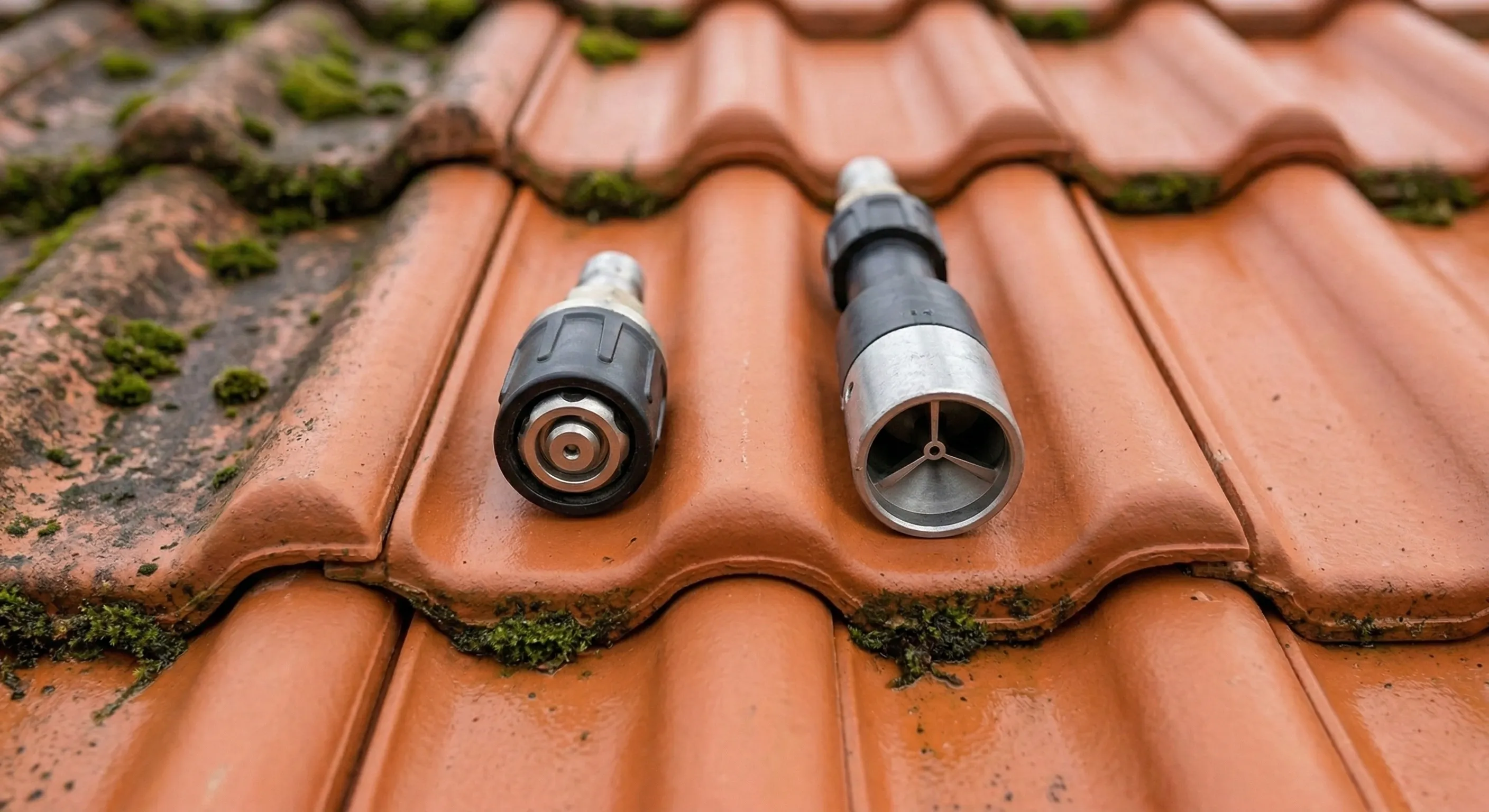 Buse rotative et buse à jet plat posées côte à côte sur des tuiles mécaniques