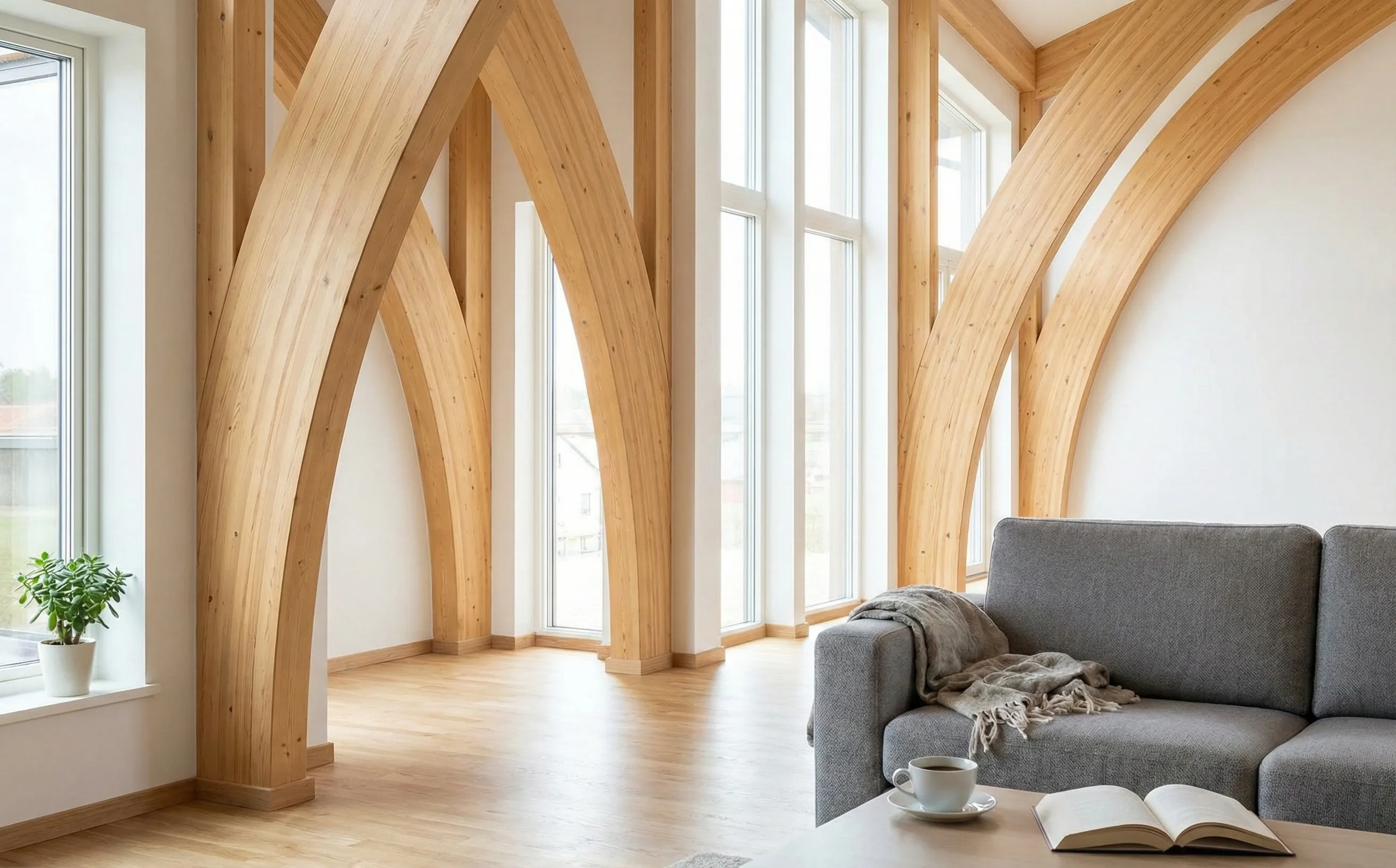 Charpente en lamellé-collé avec poutres courbes dans un séjour cathédrale contemporain