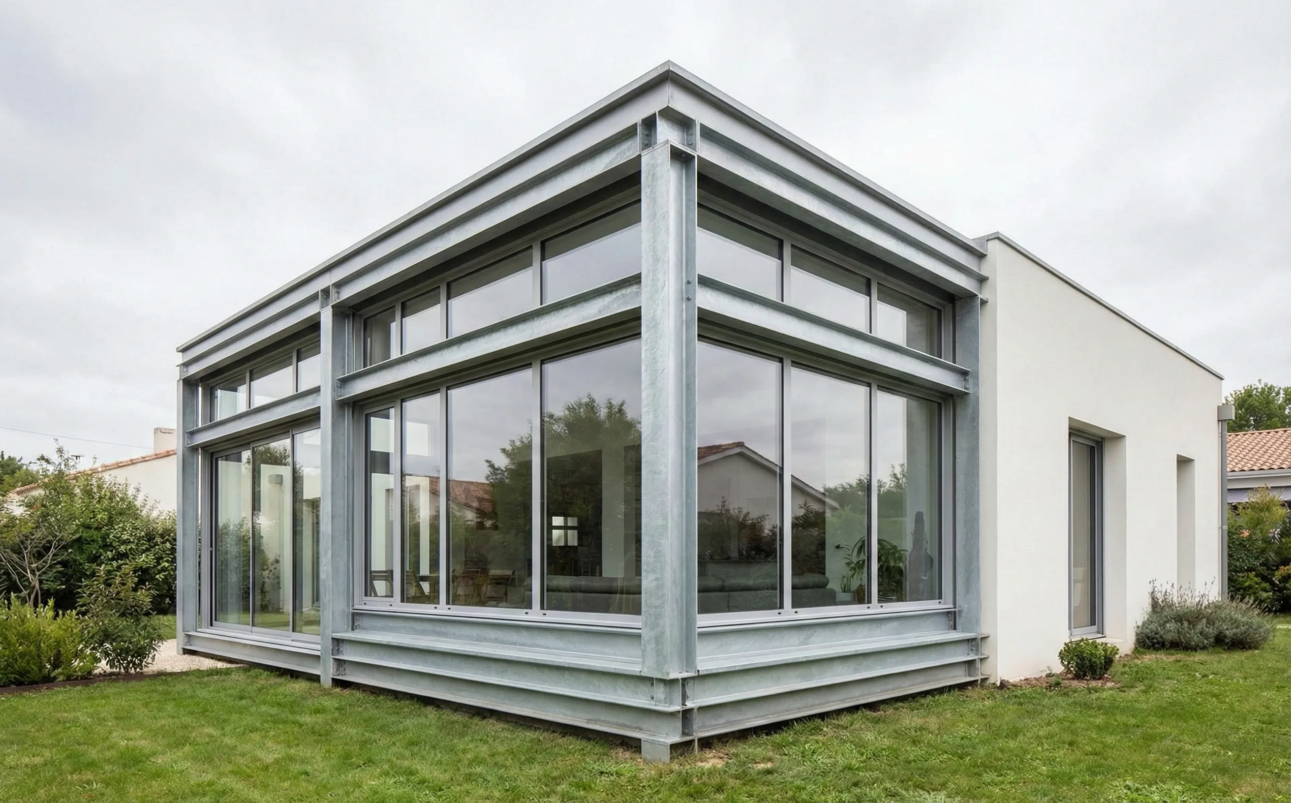 Charpente métallique en acier galvanisé dans une extension contemporaine vitrée