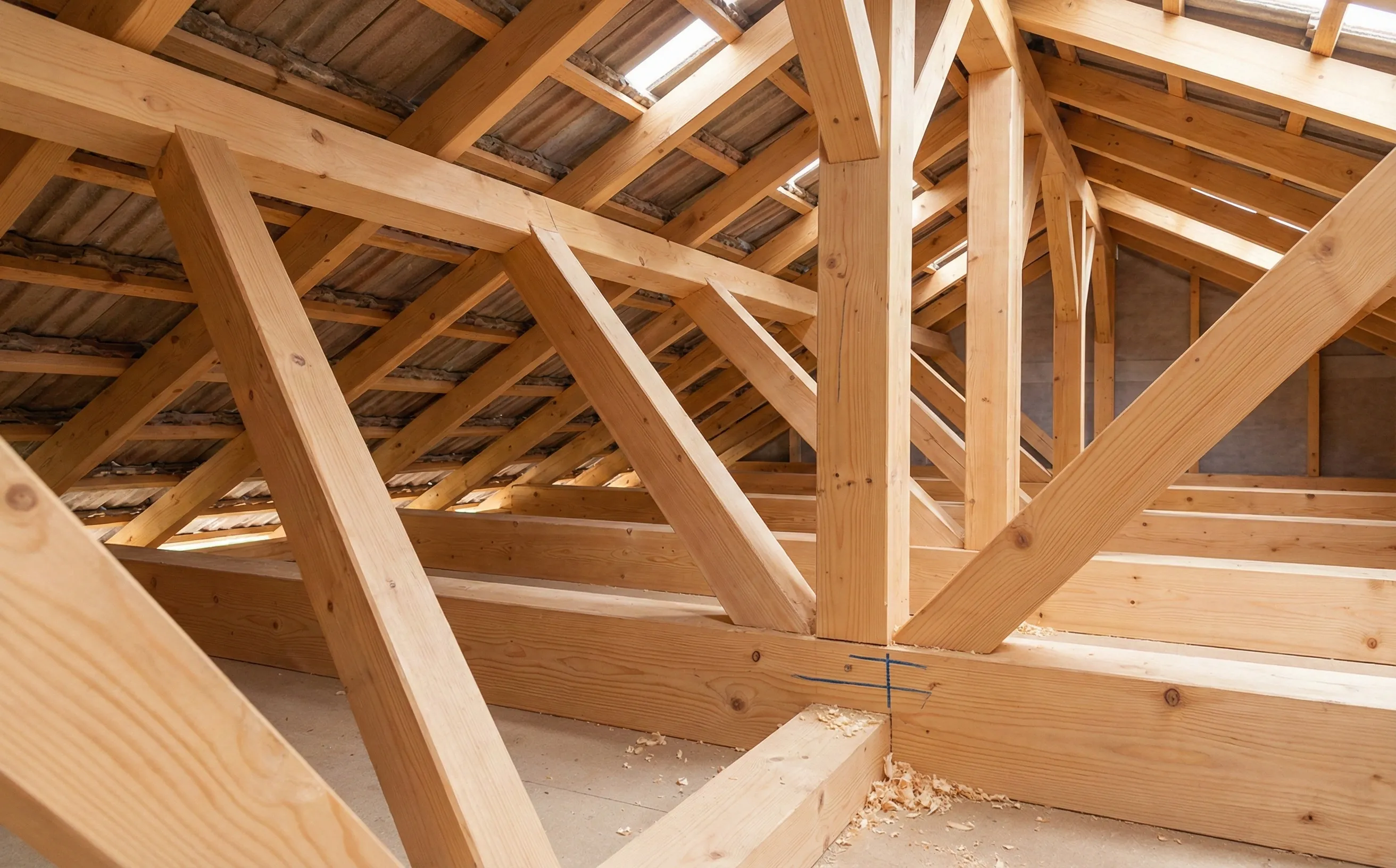 Charpente à pannes avec fermes porteuses et liteaux directs dans des combles semi-ouverts