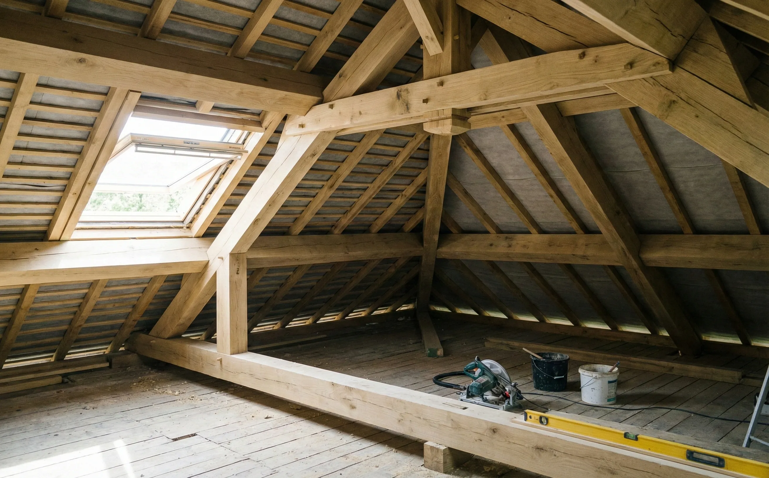 Charpente traditionnelle en bois massif dans des combles aménagés à Pessac