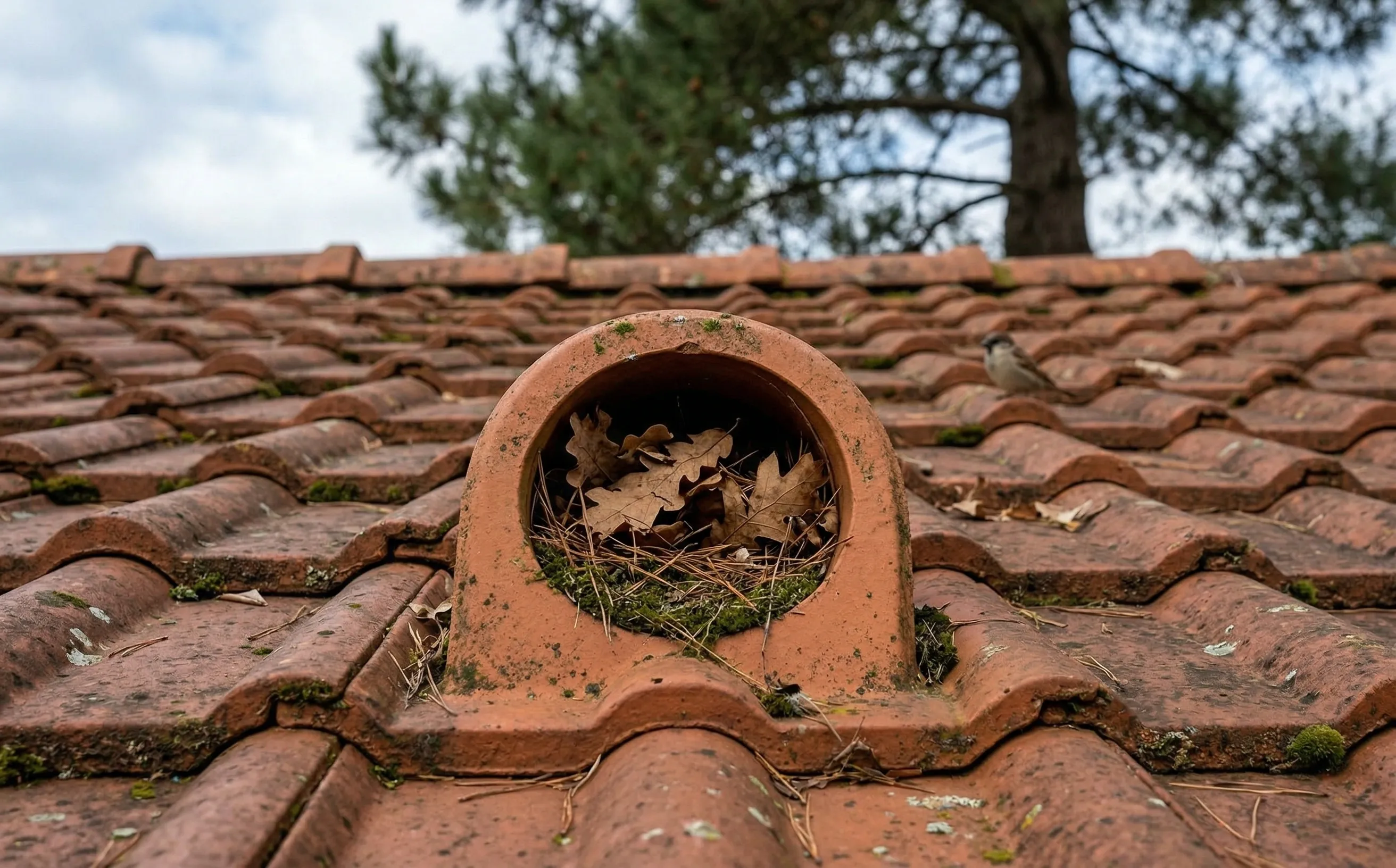 Chatière de ventilation obstruée par des feuilles mortes sur une toiture en tuiles mécaniques