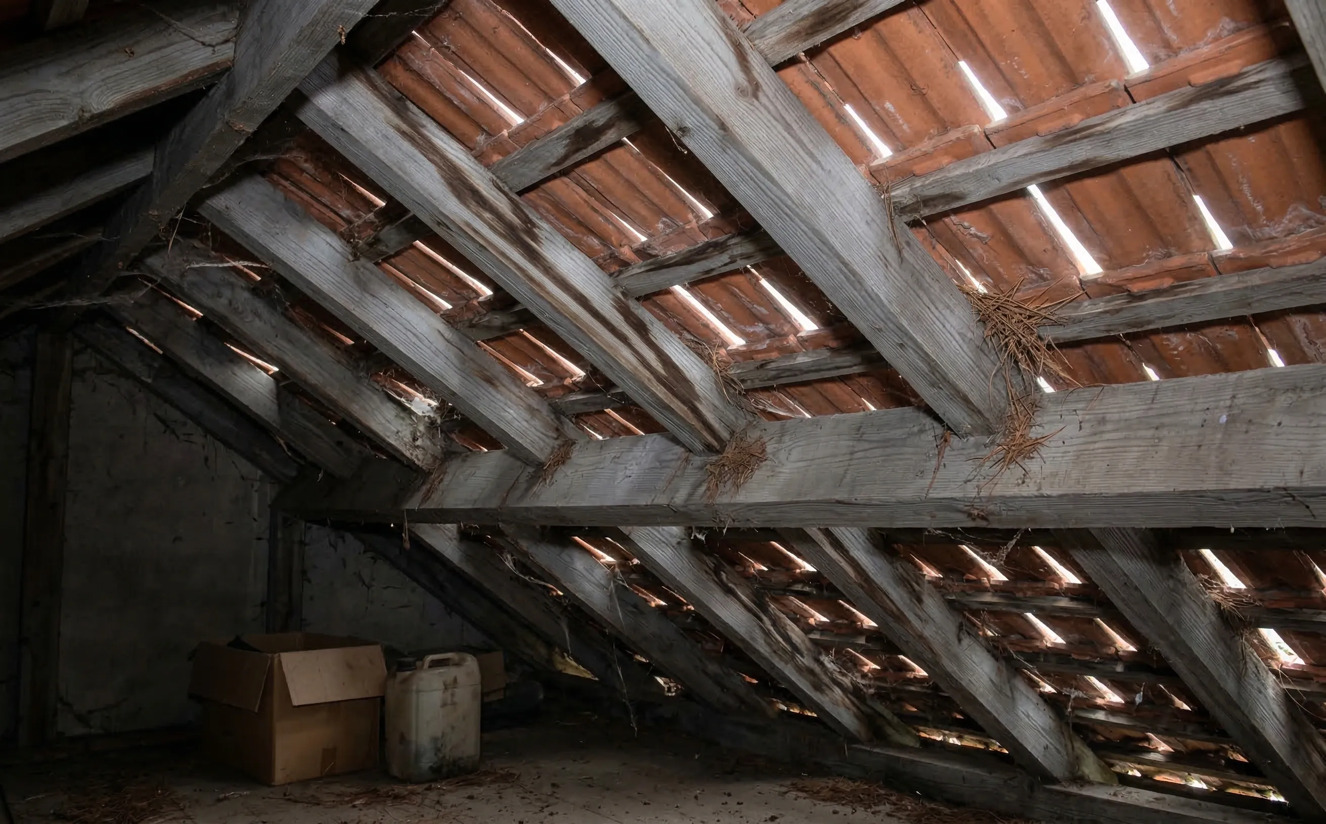 Combles anciens sans écran de sous-toiture avec lumière du jour visible entre les tuiles et traces d'humidité sur la charpente