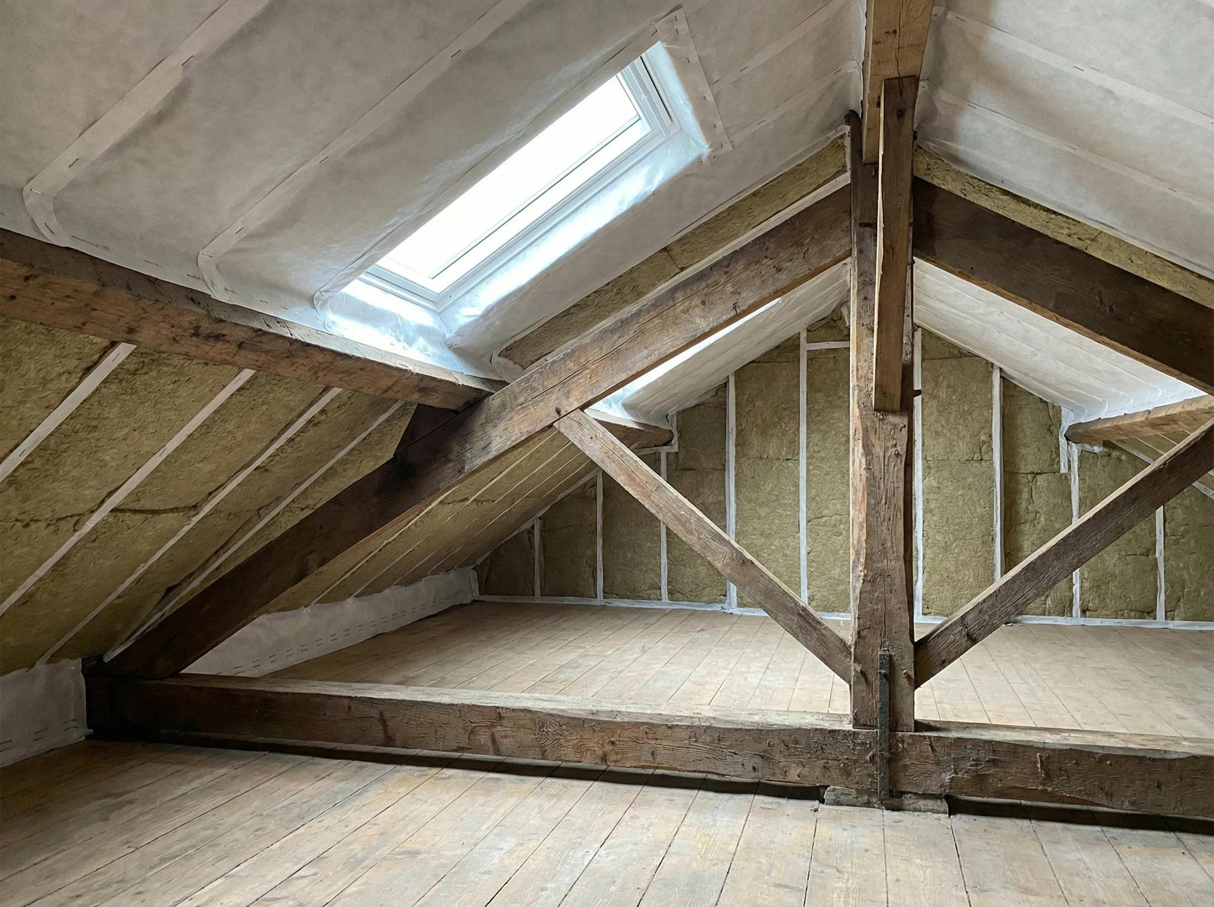 Combles isolés avec panneaux de laine de bois entre les chevrons à Pessac