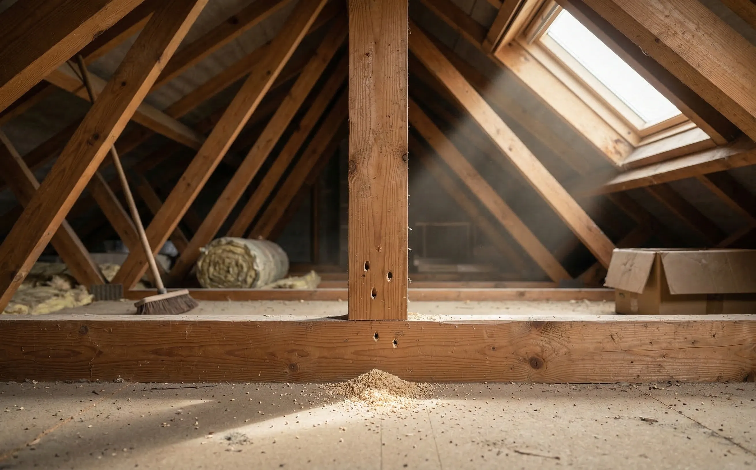 Combles de pavillon en Gironde avec poutre en pin montrant des trous de sortie d'insectes xylophages et sciure au sol