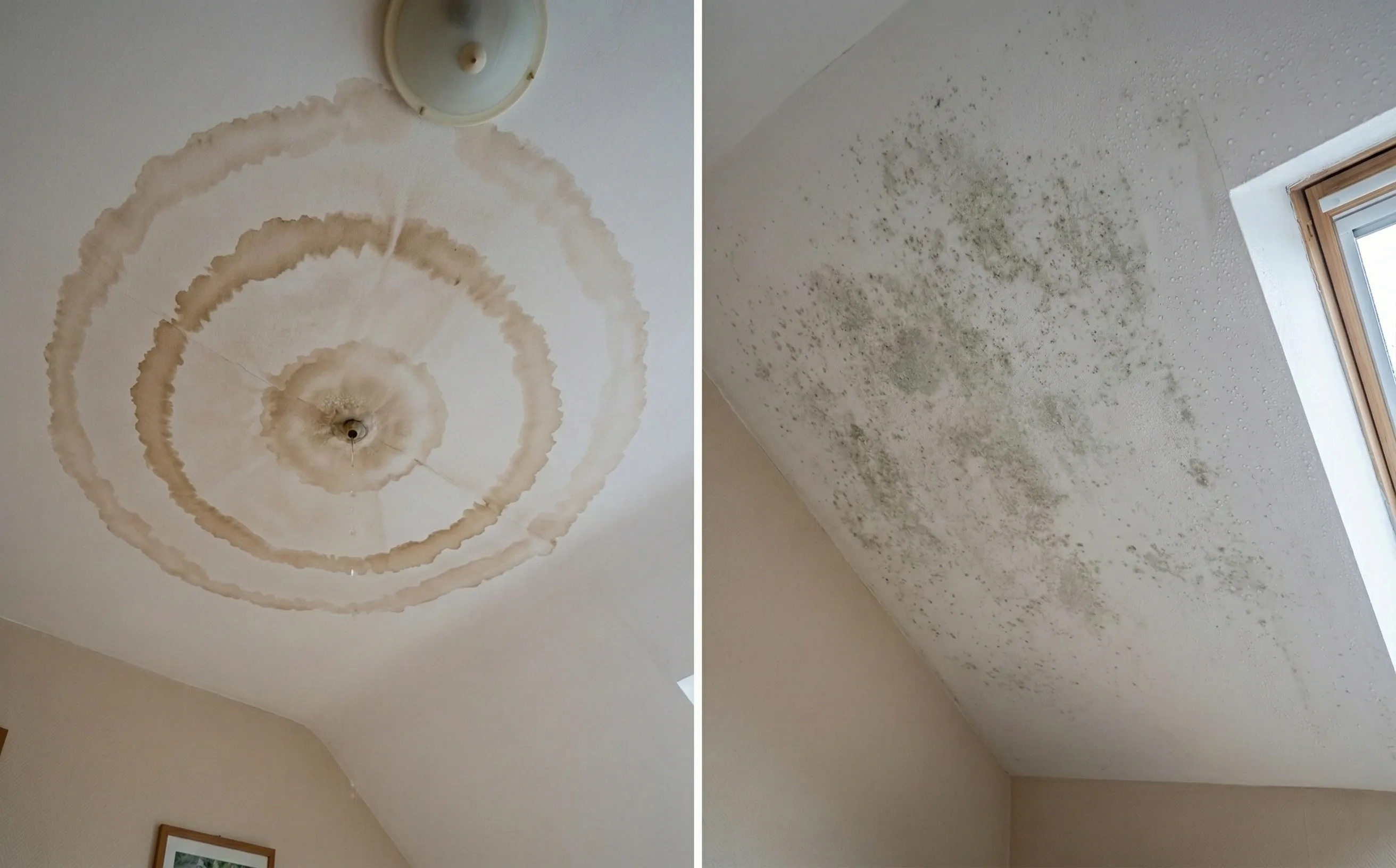 Comparaison de deux plafonds : tache brune localisée typique d'une fuite à gauche, moisissure diffuse grise de condensation à droite