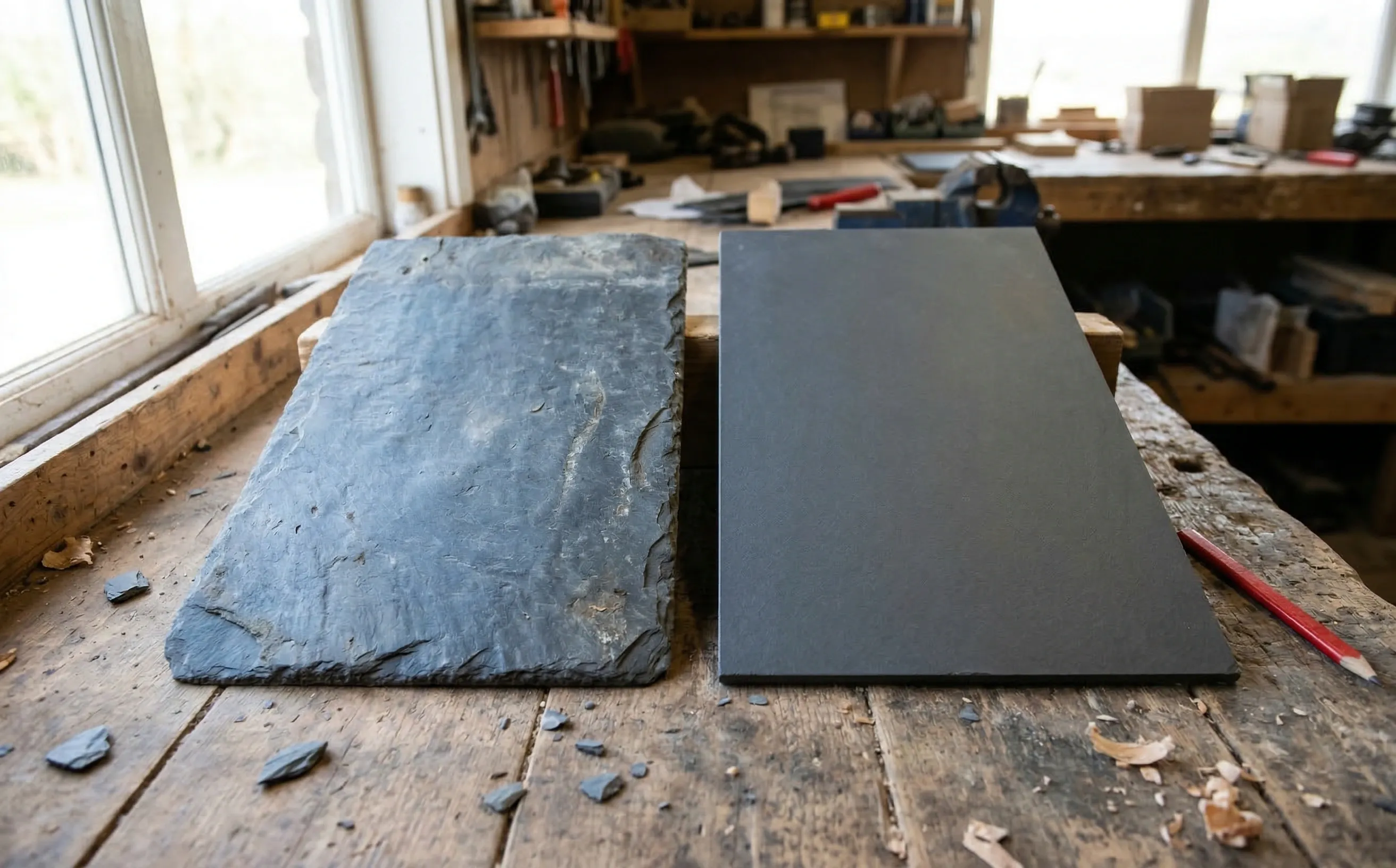 Deux ardoises côte à côte sur un établi, naturelle à gauche avec patine gris-bleu, synthétique à droite plus uniforme