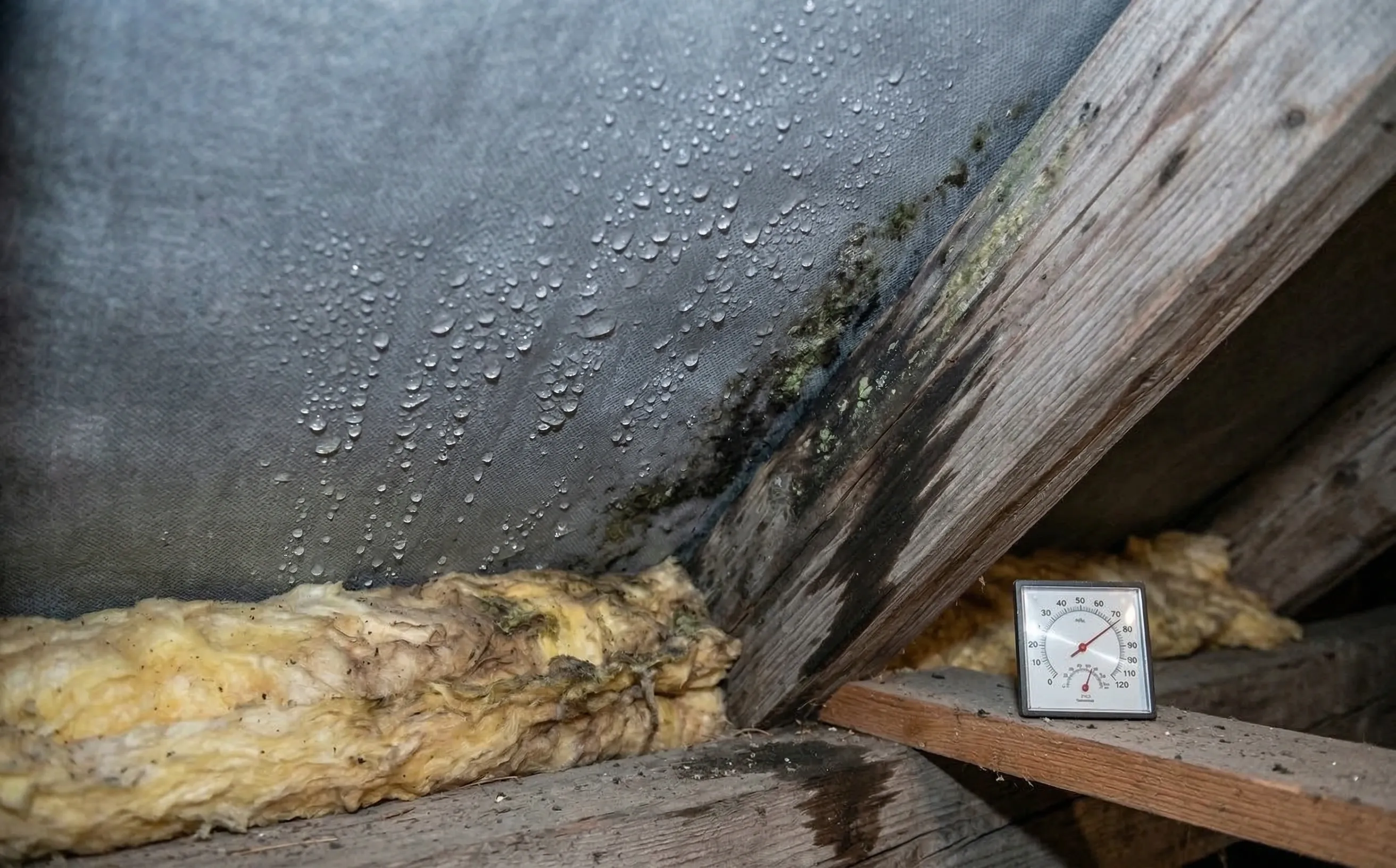 Isolant en laine de verre tassé et moisi dans des combles avec gouttelettes de condensation sur un écran non respirant