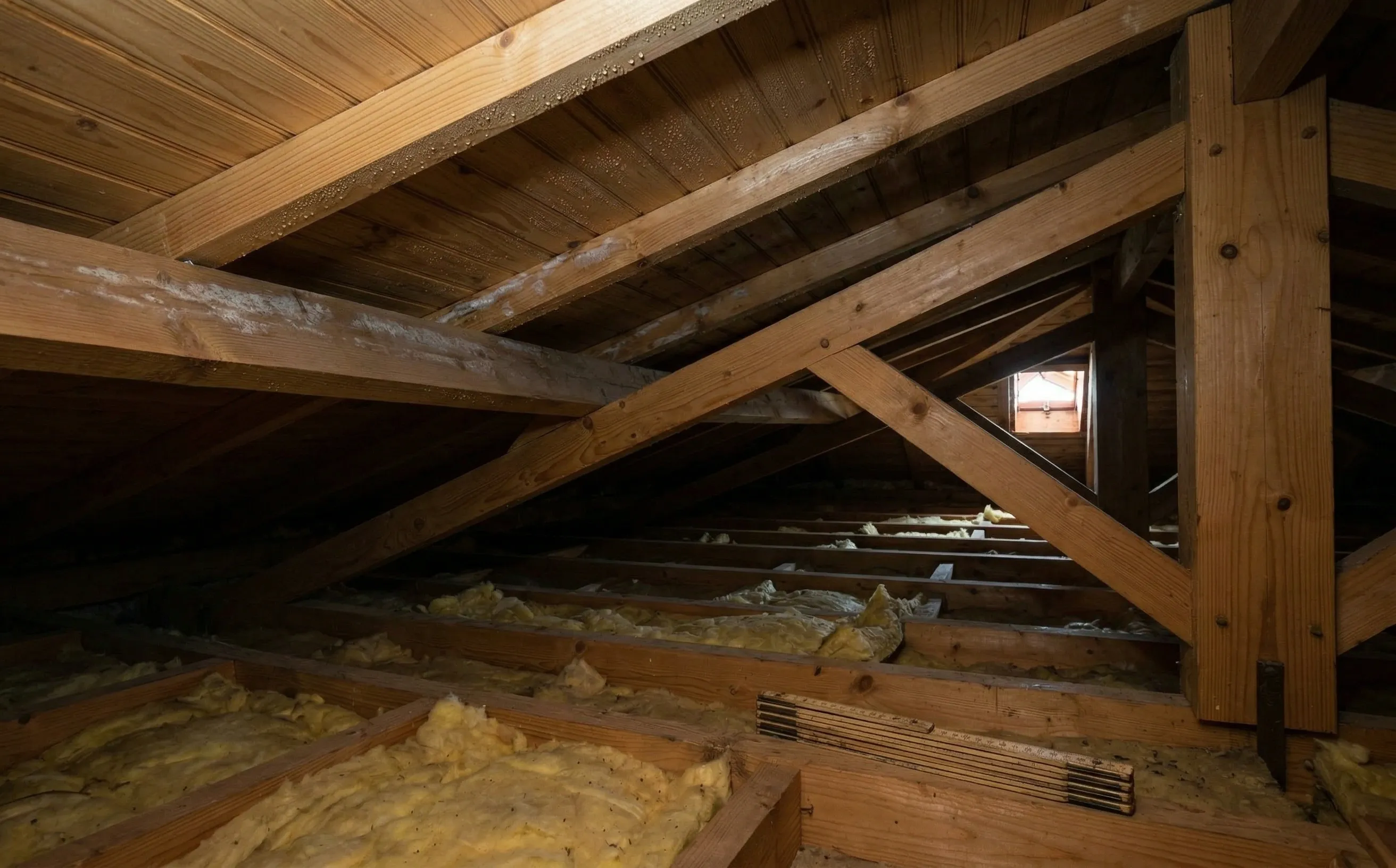 Gouttelettes de condensation sur la sous-face des chevrons dans les combles d'un pavillon girondin