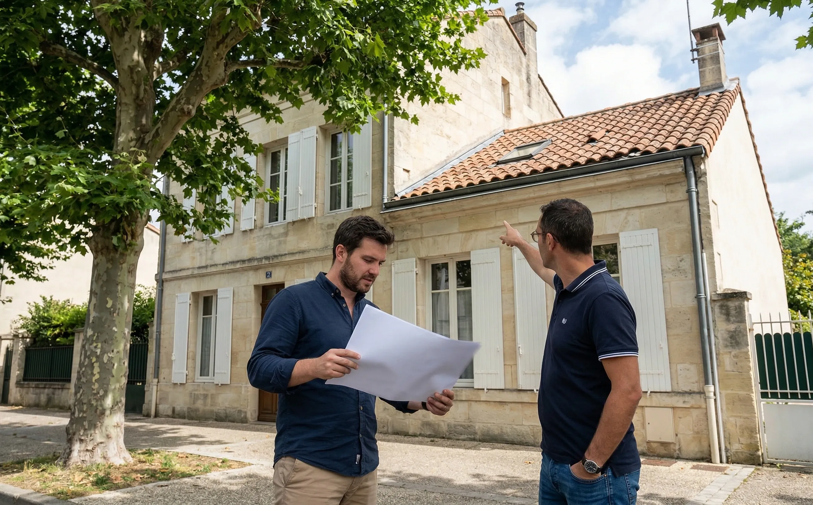 Deux personnes discutant devant un immeuble en copropriété avec toiture tuiles visible