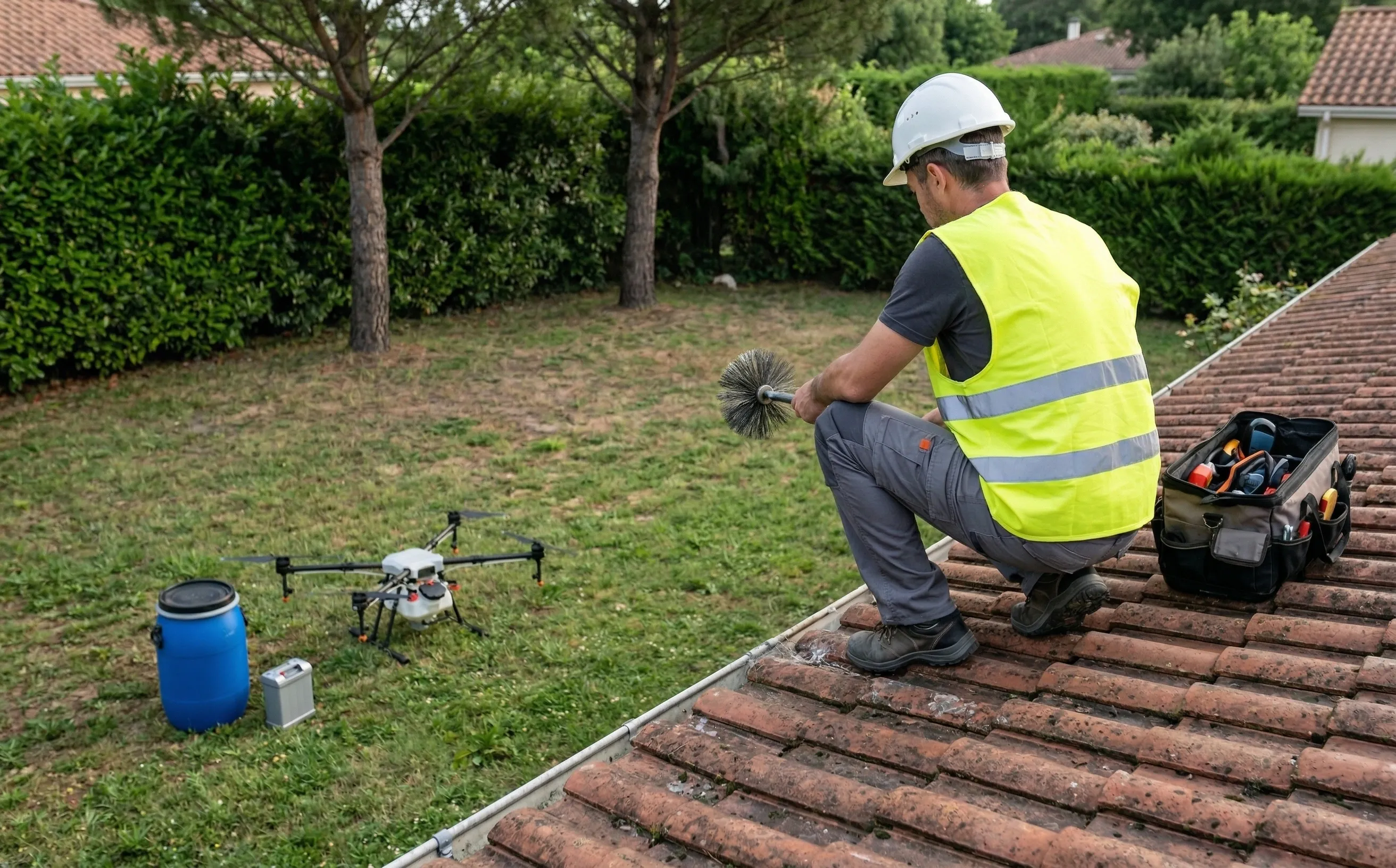 Couvreur en tenue de sécurité accroupi sur une toiture, brosse rotative à la main, drone posé au sol dans le jardin