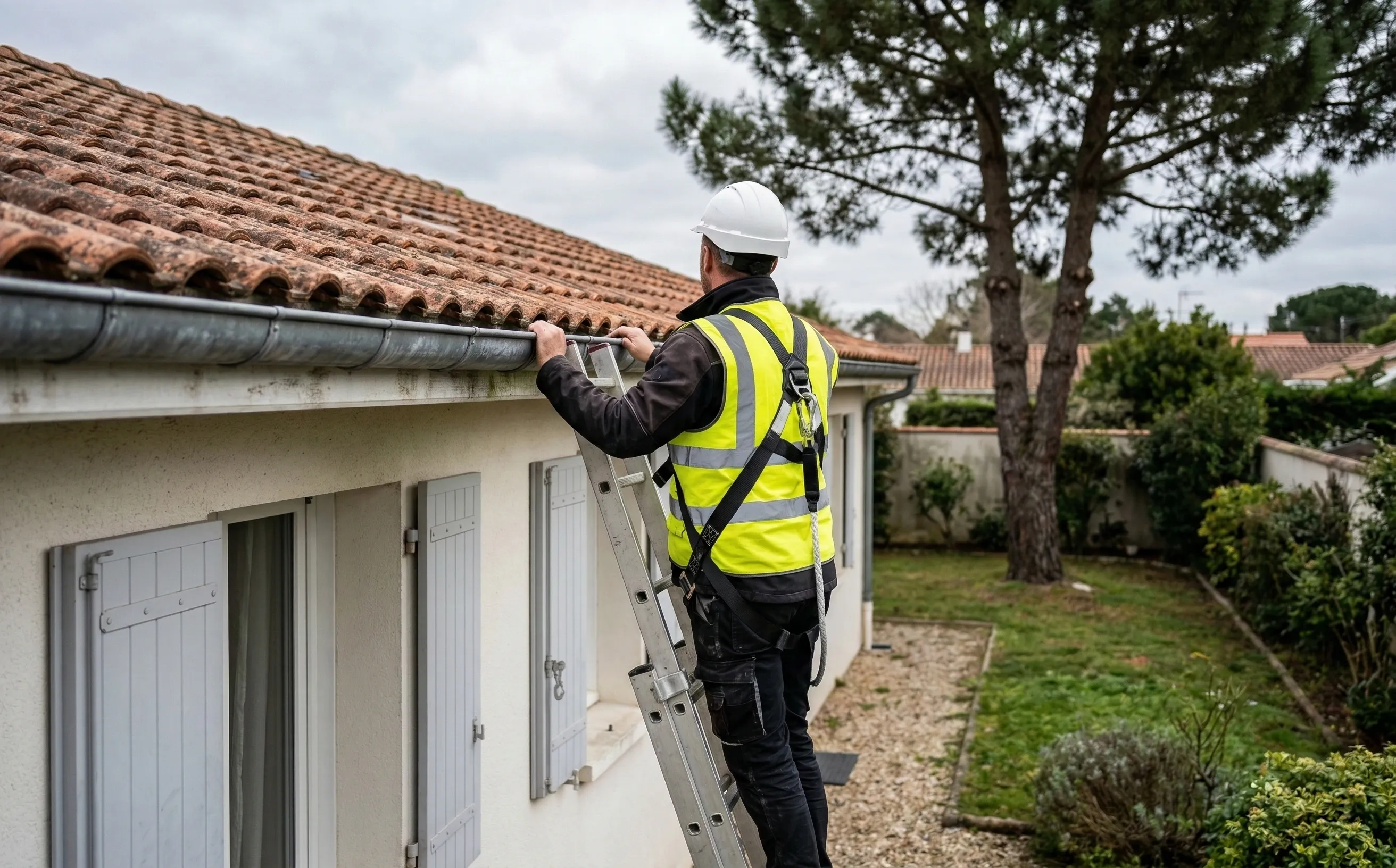 Couvreur professionnel vu de dos sur une échelle en aluminium, casque blanc et gilet jaune, inspectant une toiture en tuile mécanique