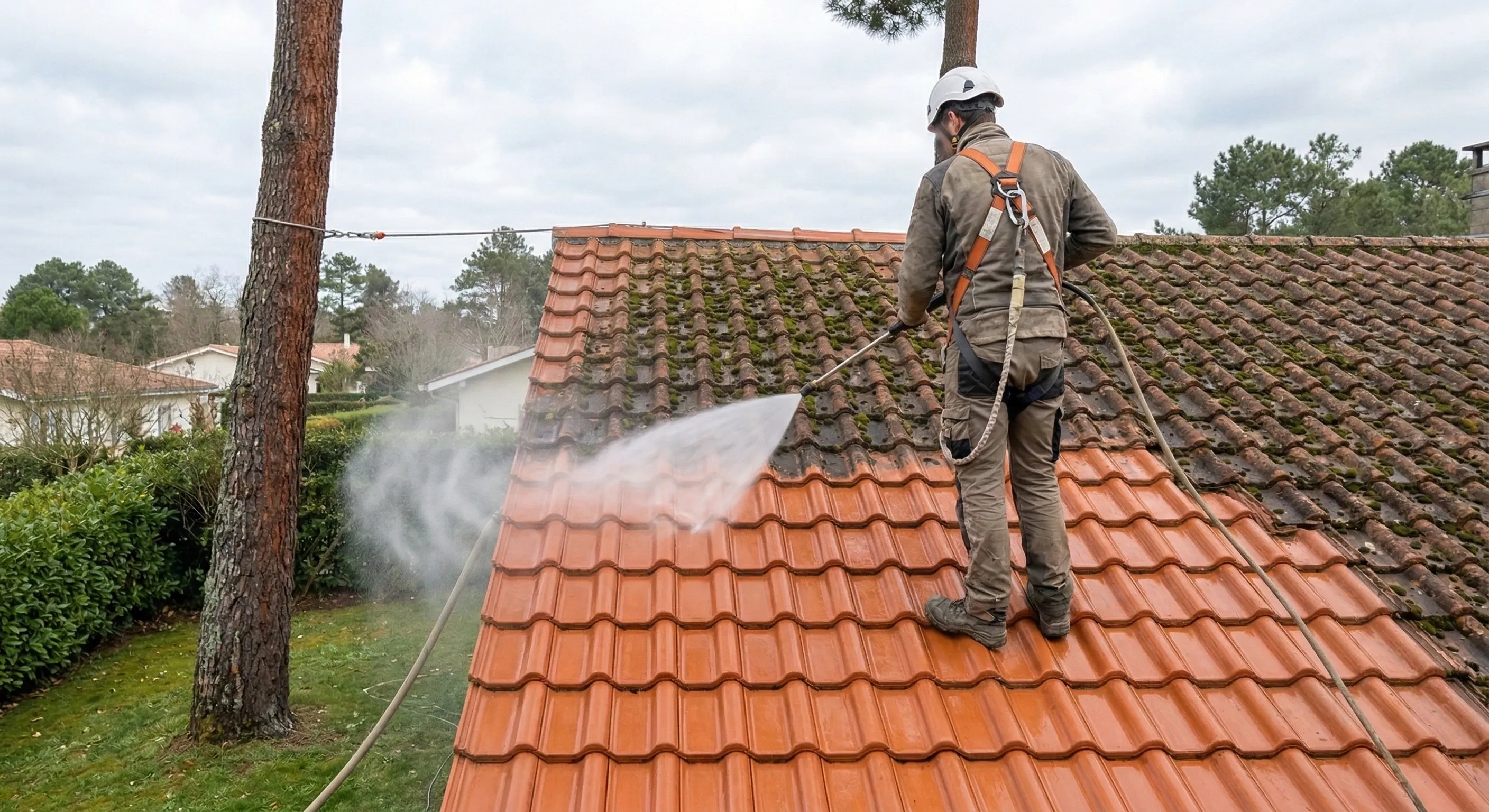 Couvreur nettoyant une toiture avec un appareil basse pression, jet large et brumeux sur tuiles mécaniques, harnais de sécurité visible