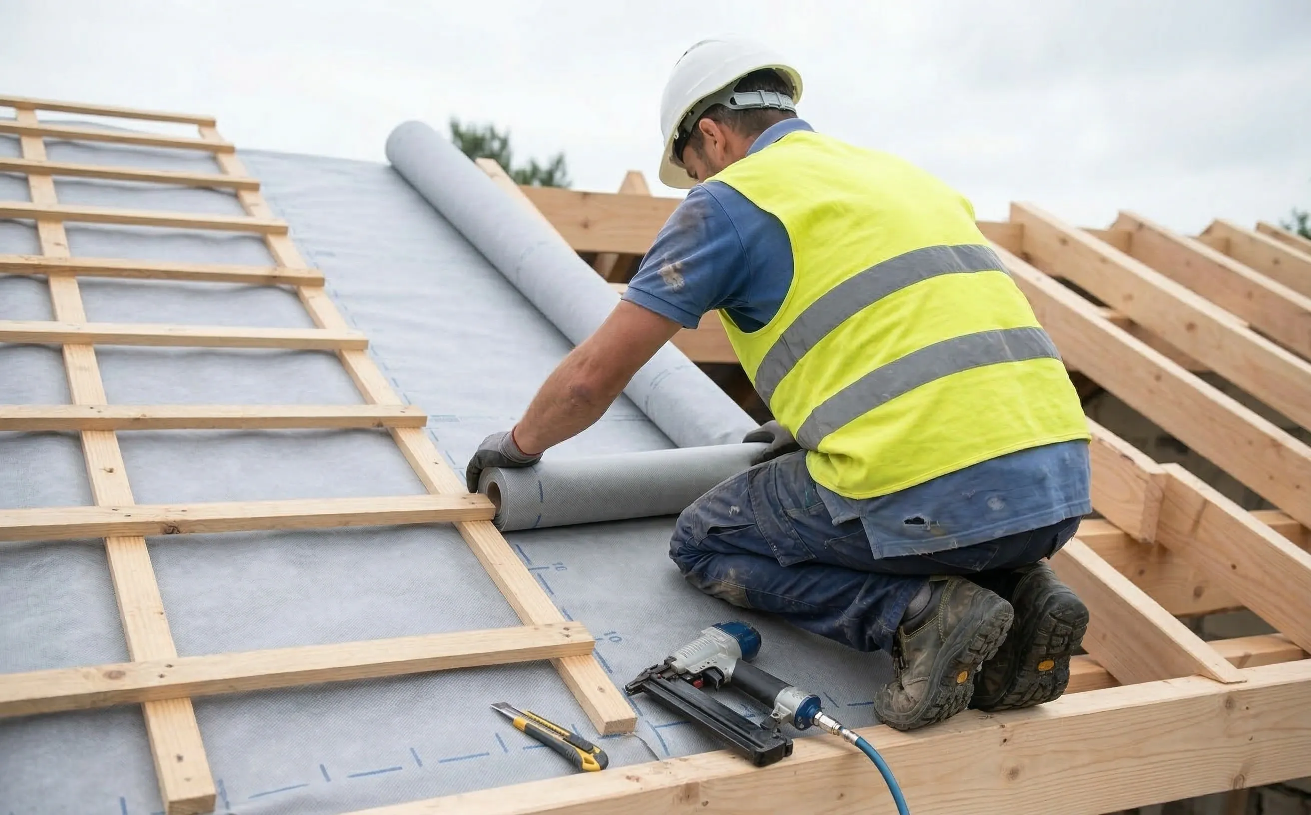 Couvreur déroulant un écran HPV sur les chevrons d'une charpente neuve, contre-lattes partiellement posées