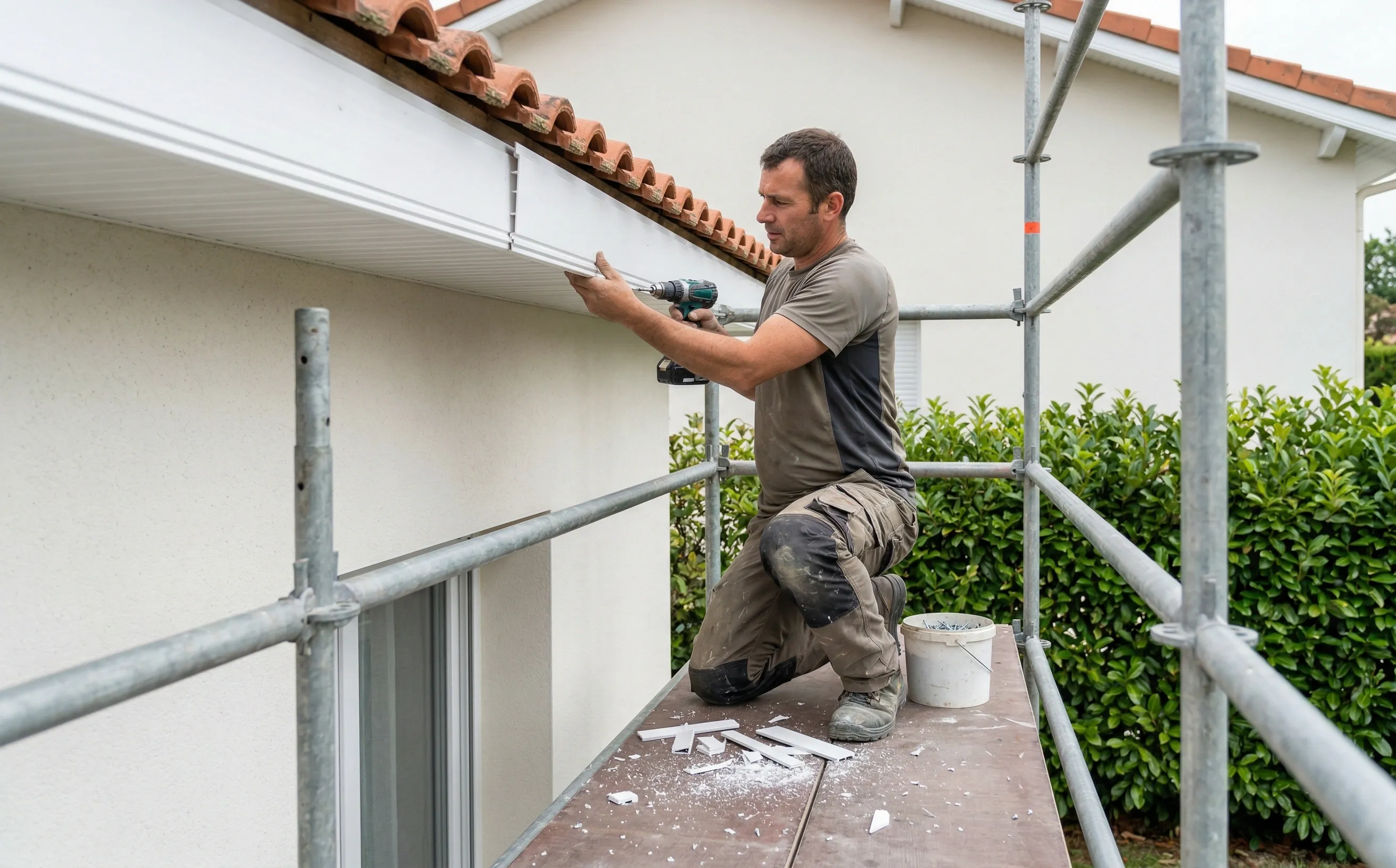 Couvreur sur un échafaudage fixant des lames de sous-face PVC sous le débord d'un toit de pavillon, perceuse-visseuse en main et tuiles mécaniques au-dessus
