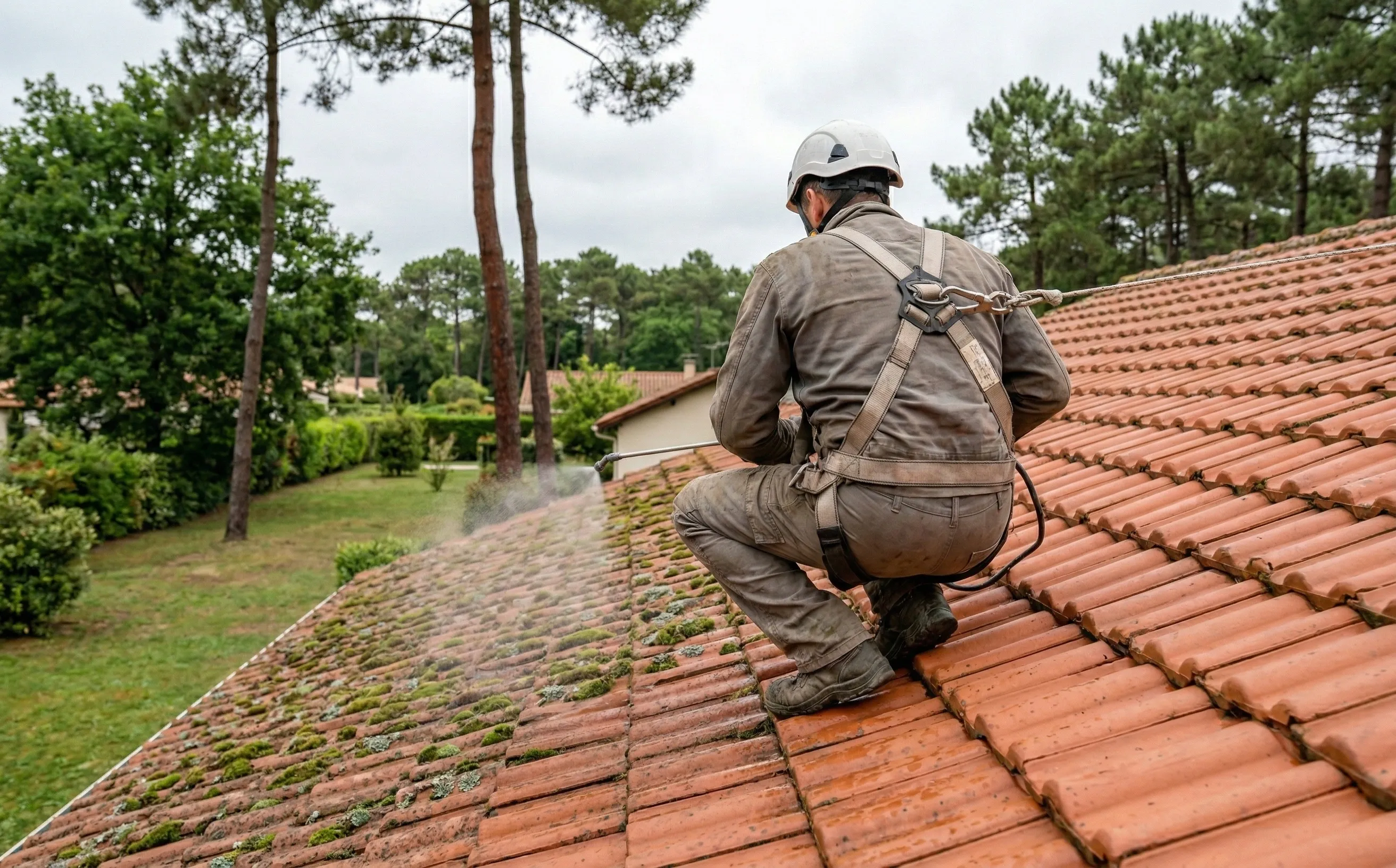Couvreur accroupi sur toiture pulvérisant un produit anti-mousse, harnais de sécurité et ligne de vie visibles
