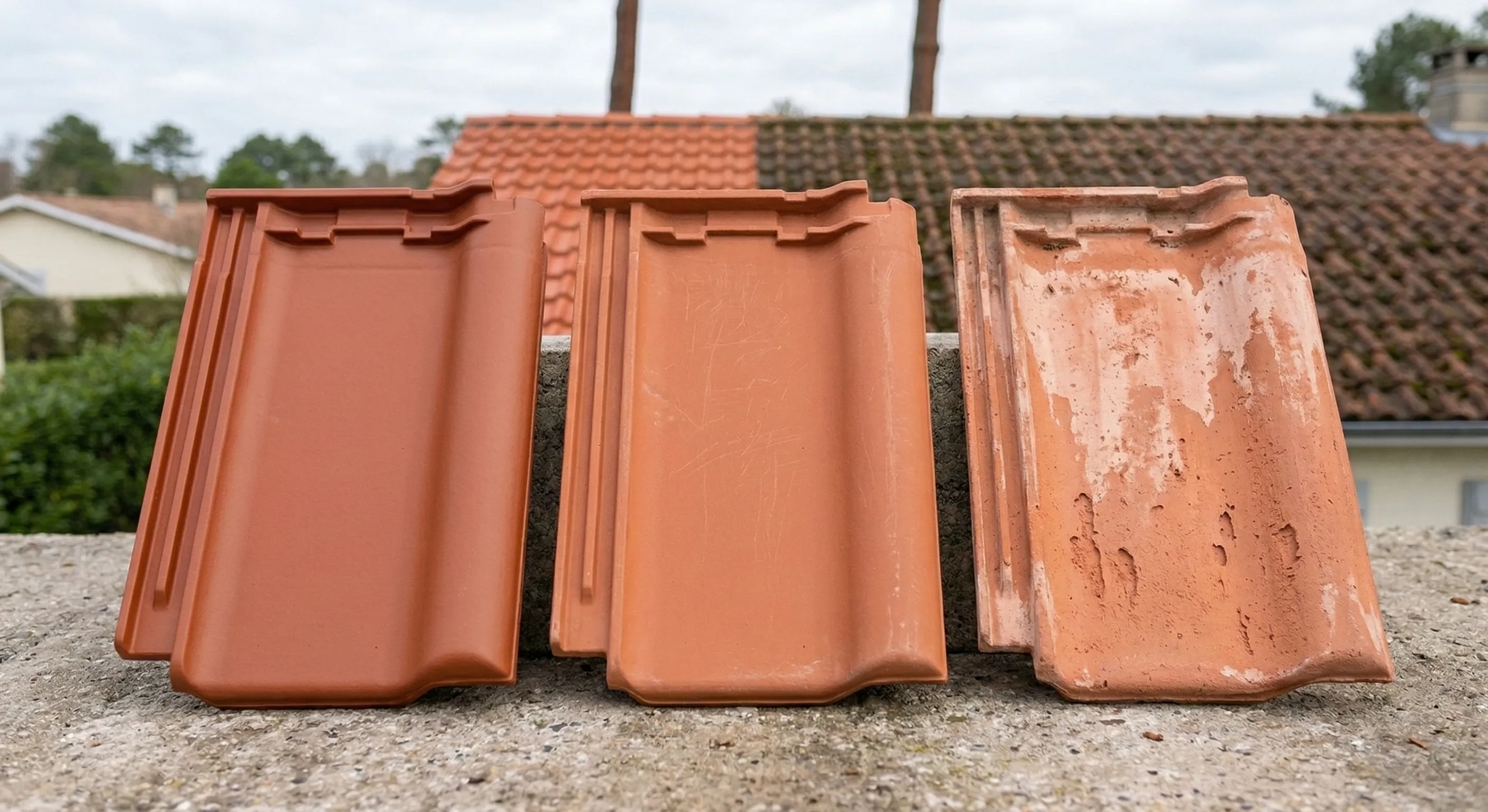 Dégradation progressive d'une tuile mécanique après passages répétés au Kärcher, de l'état neuf à l'érosion avancée