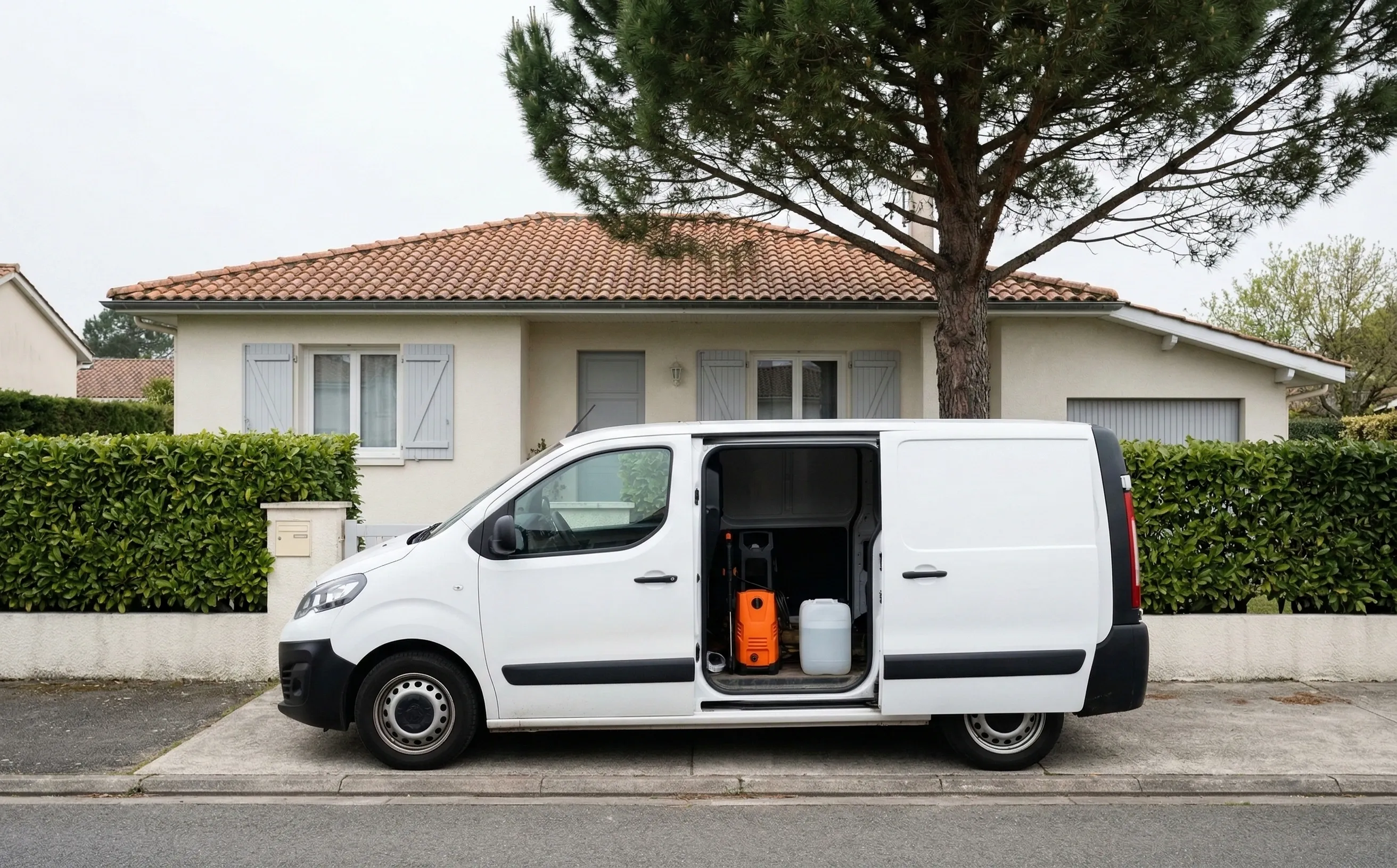 Camionnette banalisée blanche garée dans une rue de lotissement, portière coulissante ouverte avec un nettoyeur haute pression à l'arrière