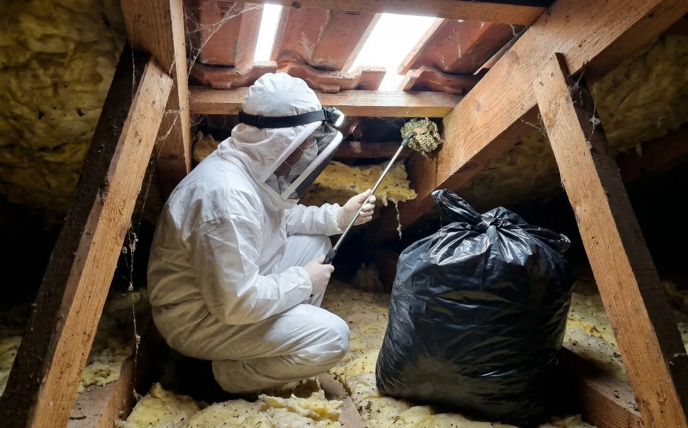 Désinsectiseur en combinaison intégrale intervenant dans les combles d'un pavillon pour neutraliser un nid