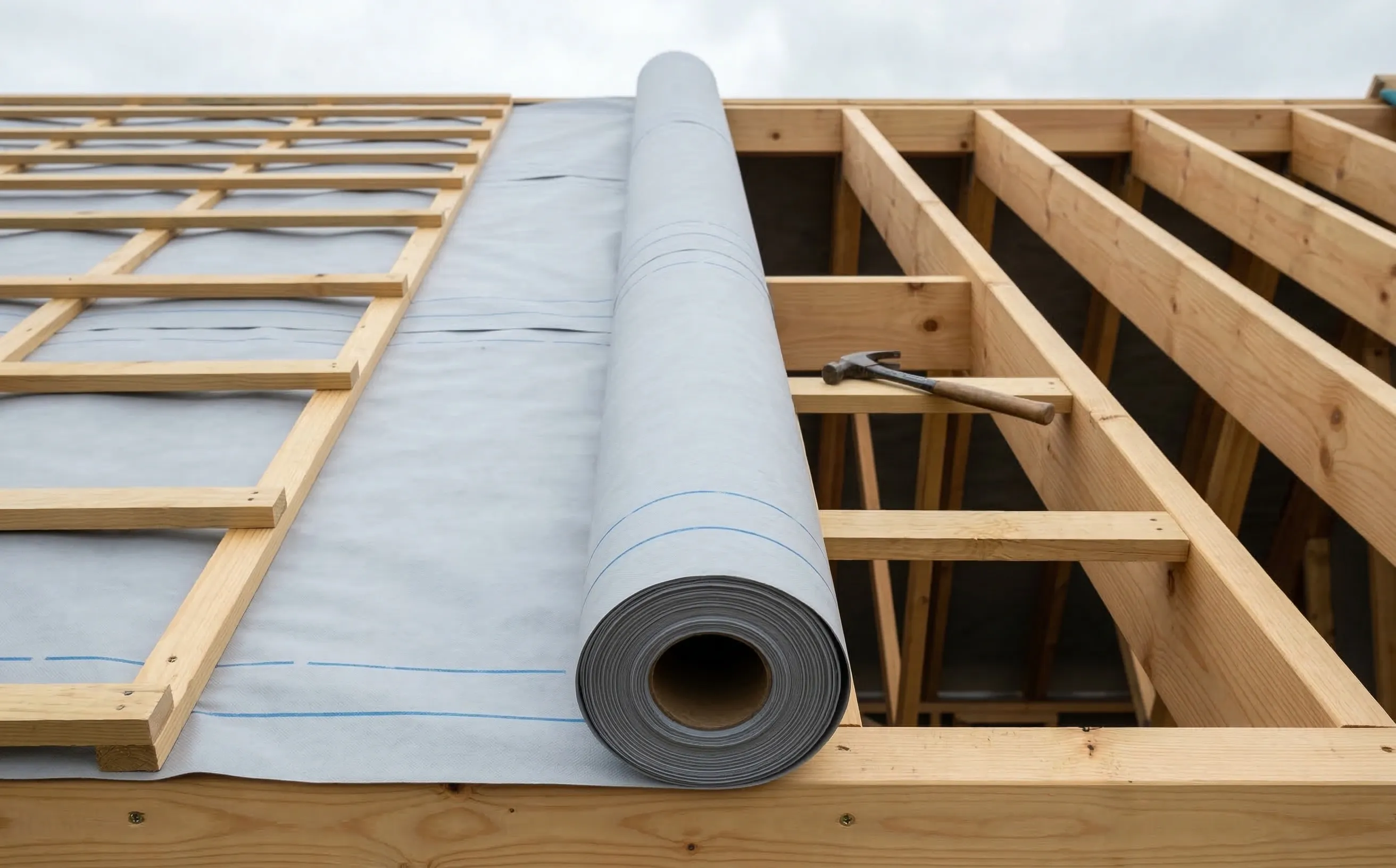 Écran de sous-toiture HPV déroulé sur les chevrons d'une charpente en pin avec contre-lattes posées sur la partie gauche