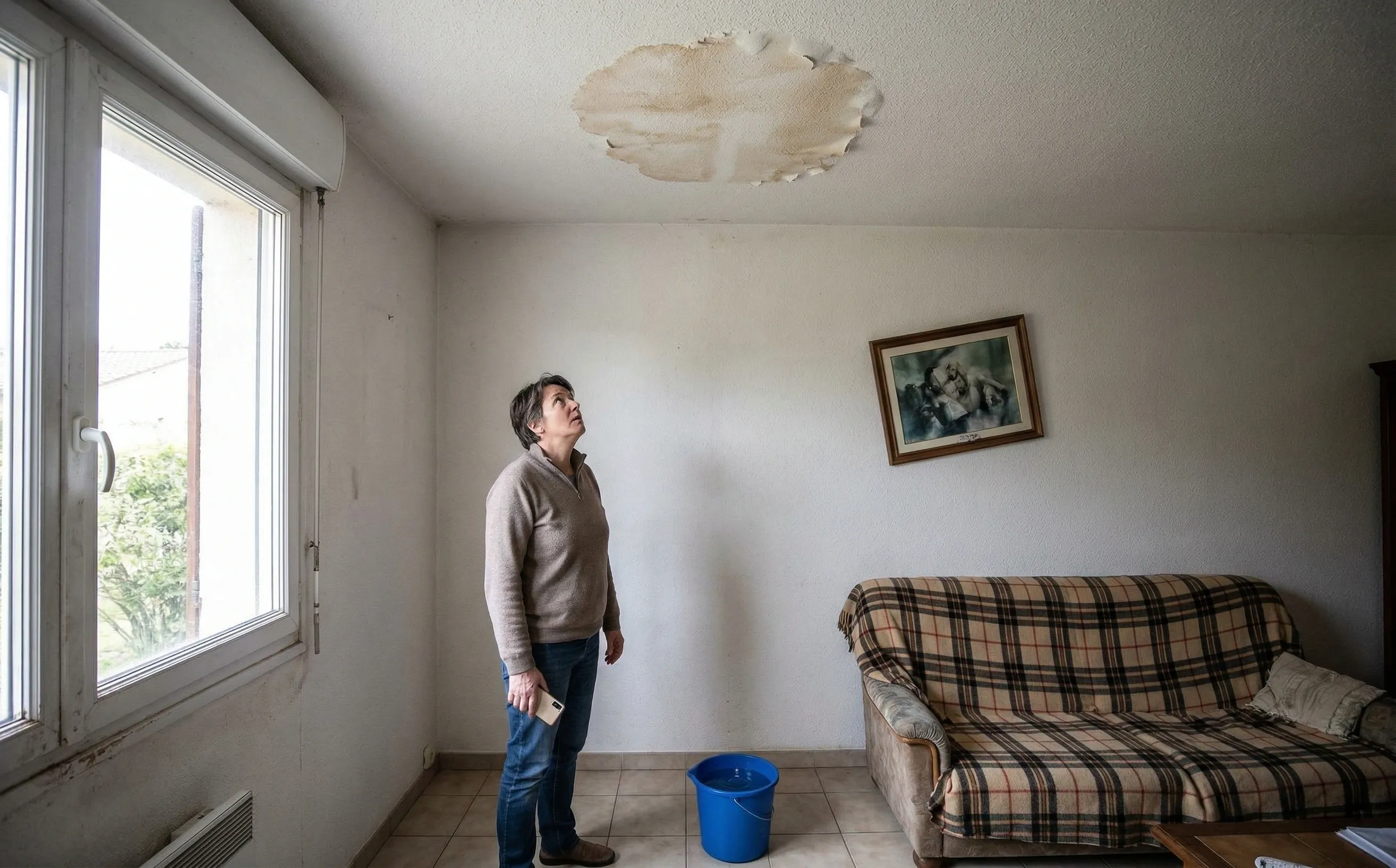 Propriétaire constatant une tache d'infiltration au plafond d'un salon de pavillon girondin