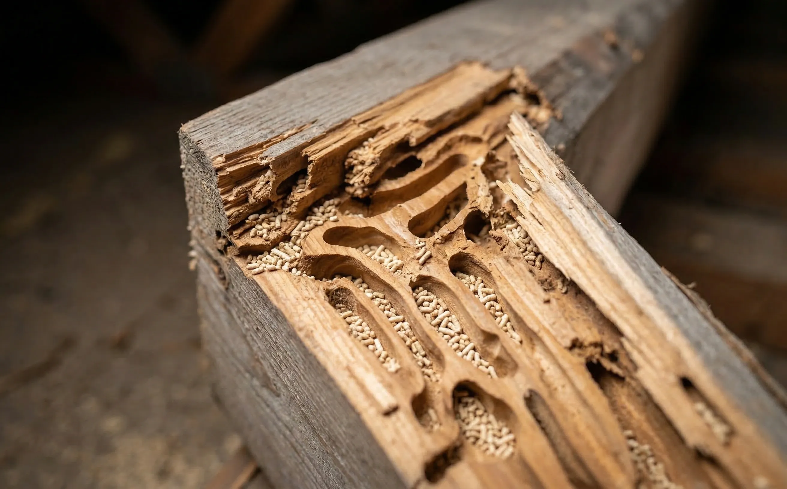 Galeries ovales creusées par des larves de capricorne à l'intérieur d'une poutre en pin éclatée