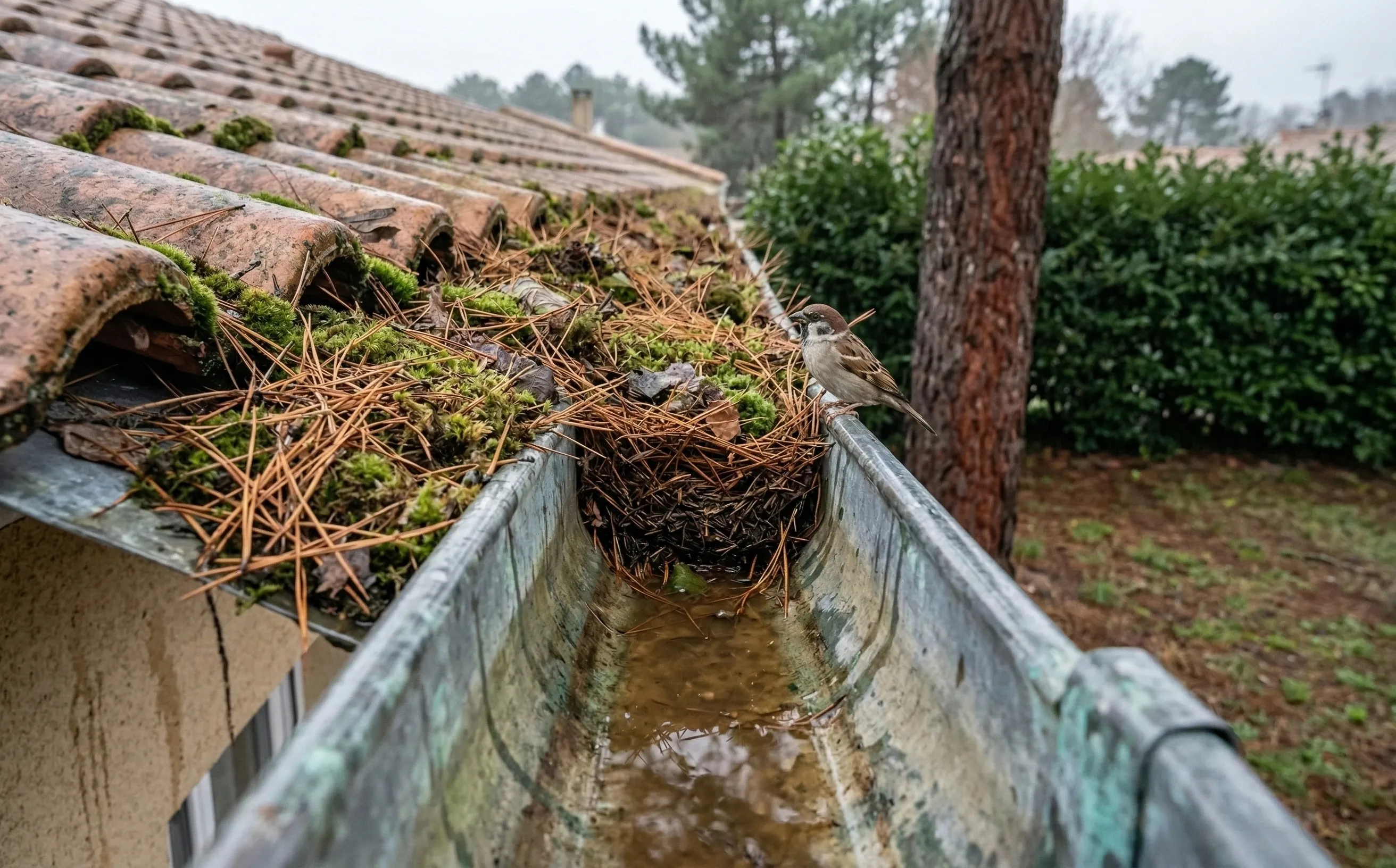 Gouttière en zinc encombrée d'aiguilles de pin maritime et de mousse verte avec eau stagnante brunâtre