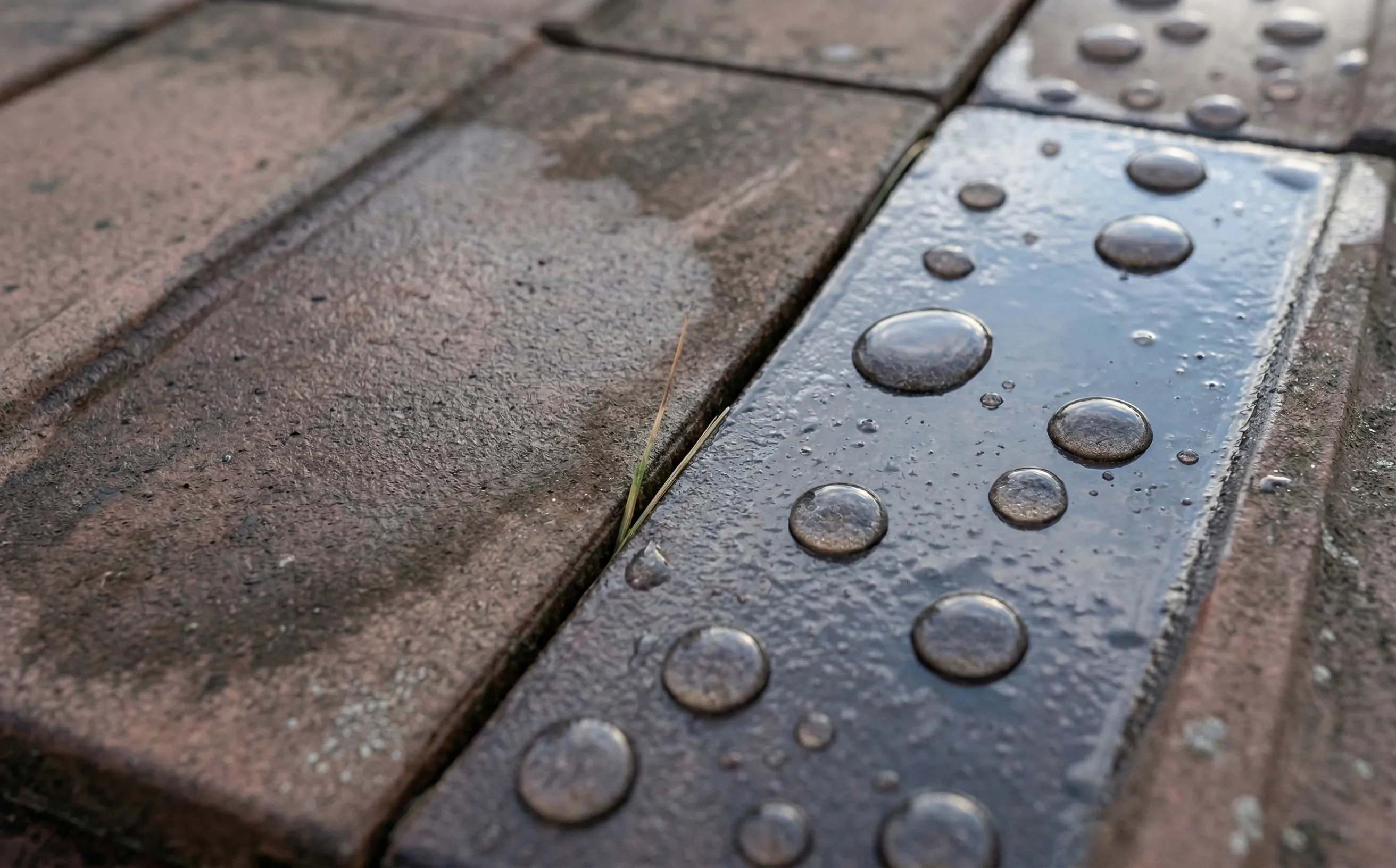 Tuiles mécaniques dont la moitié a reçu un hydrofuge, effet perlant avec gouttelettes d'eau sur la surface traitée