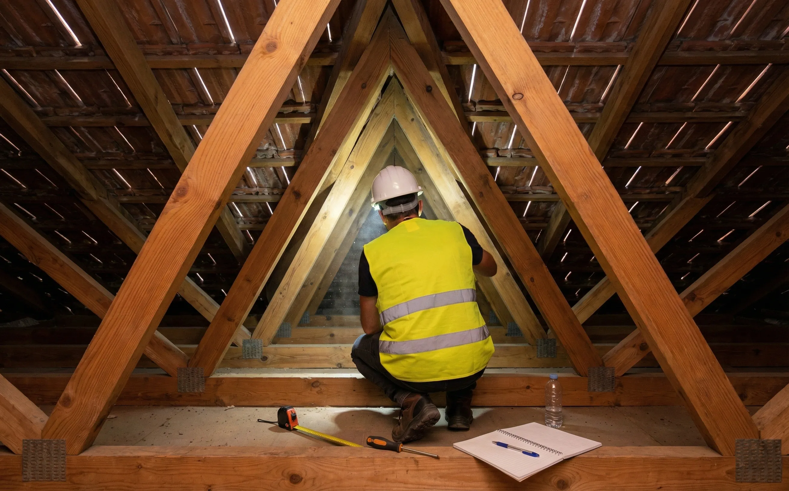 Couvreur inspectant une charpente en pin maritime dans des combles, lampe frontale éclairant les poutres