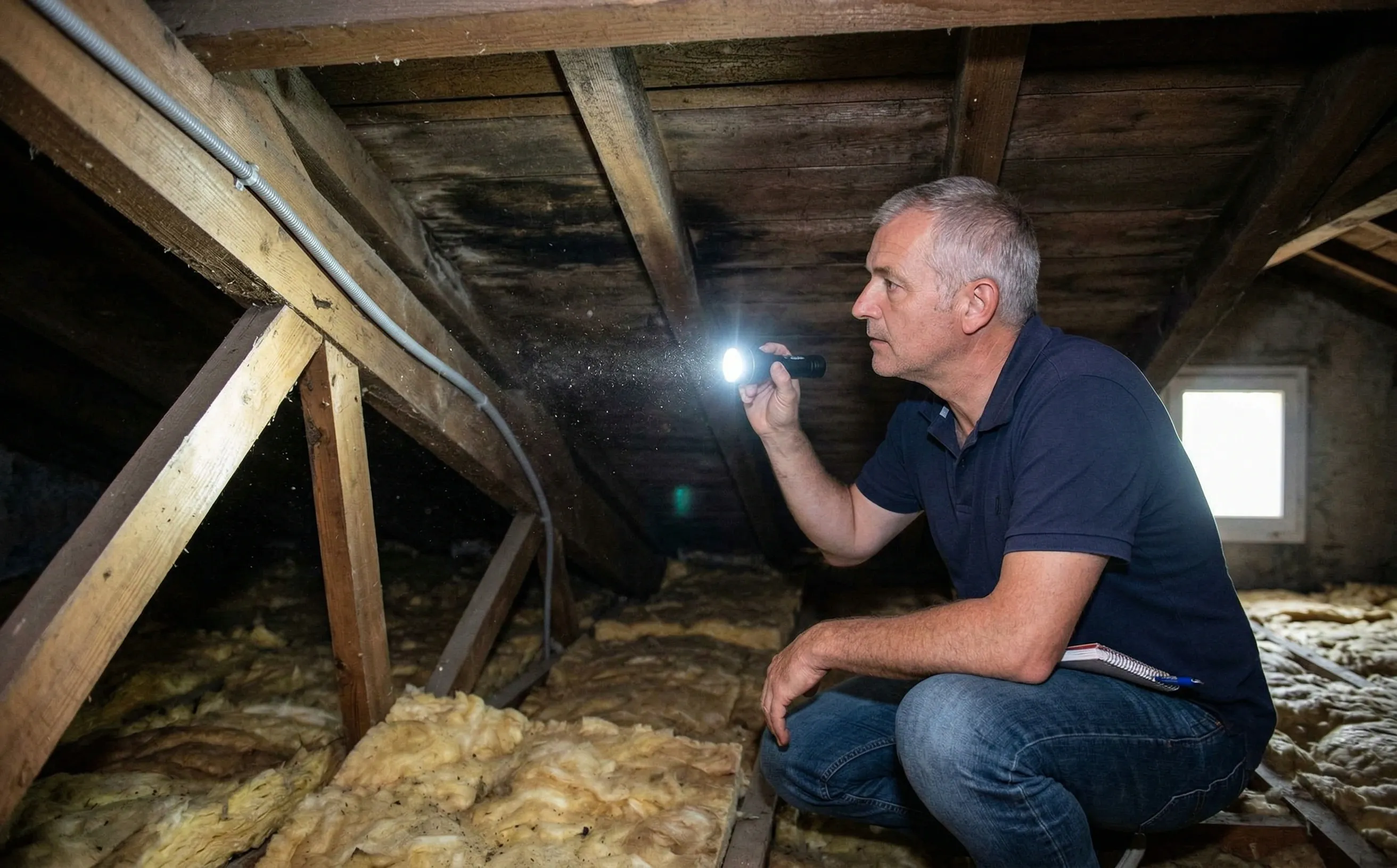 Propriétaire inspectant les combles avec une lampe torche pour diagnostiquer la condensation