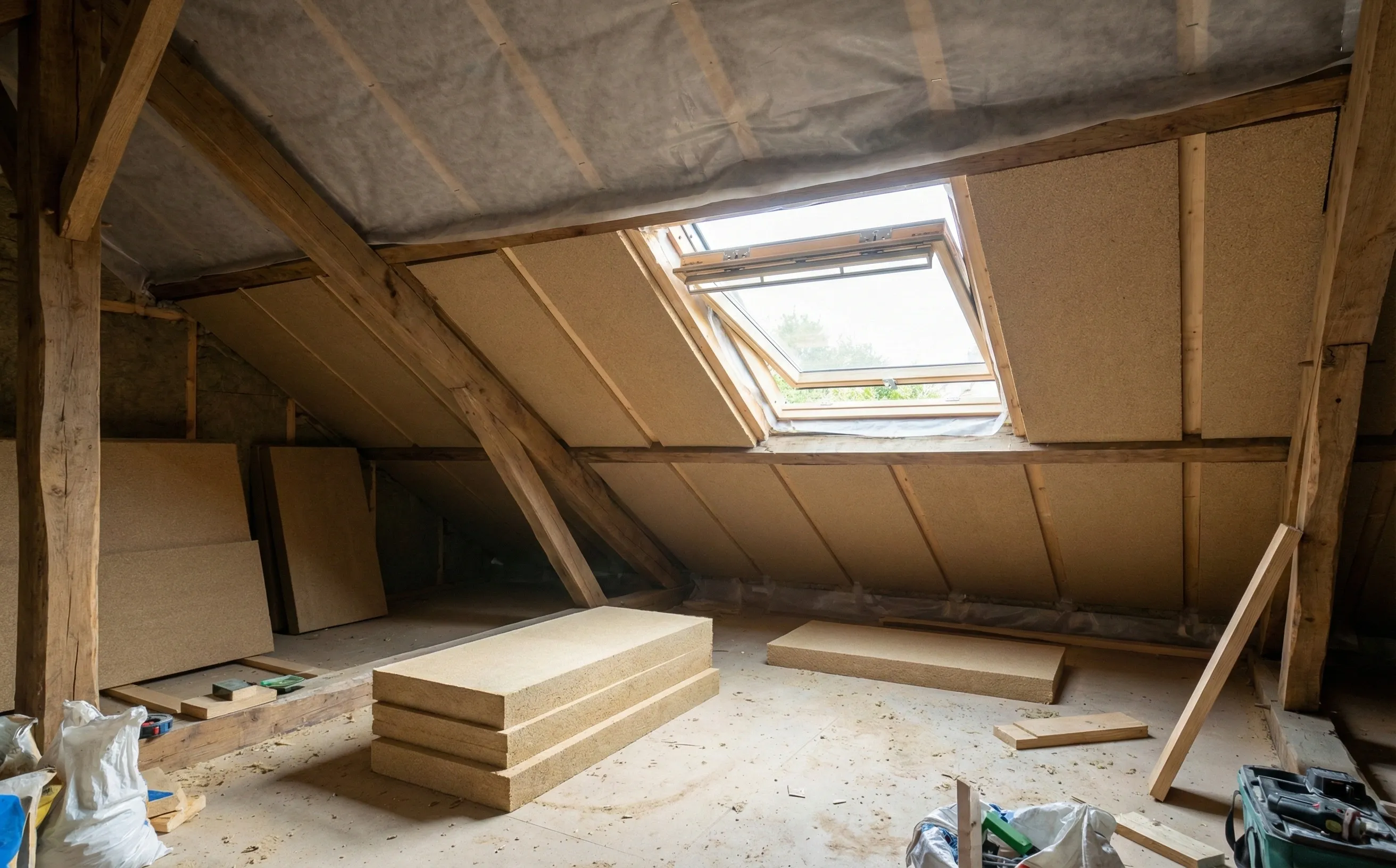 Panneaux de laine de bois posés entre les chevrons pour isoler des combles aménageables à Pessac