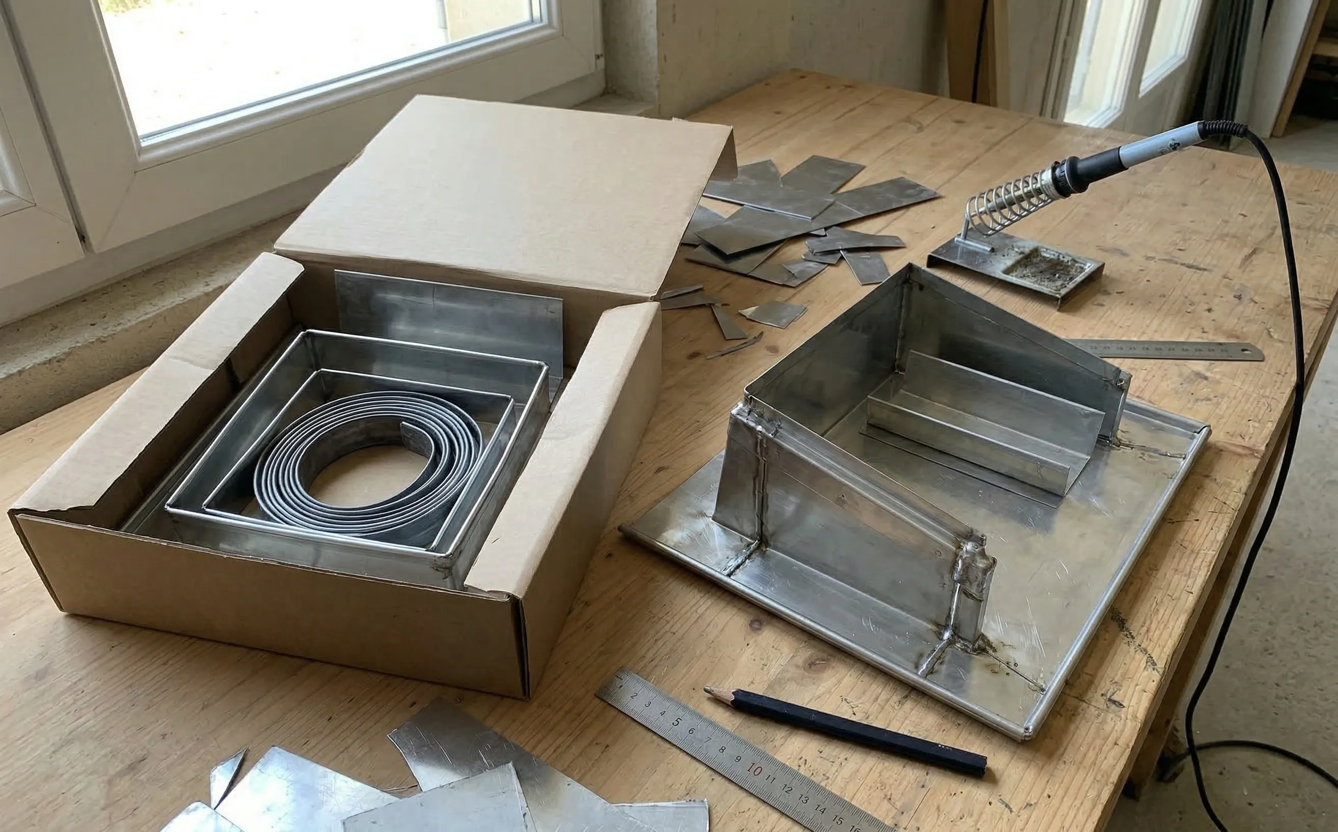 Pièces de zinc façonnées sur mesure sur un établi de zingueur à côté d'un kit réglable emballé