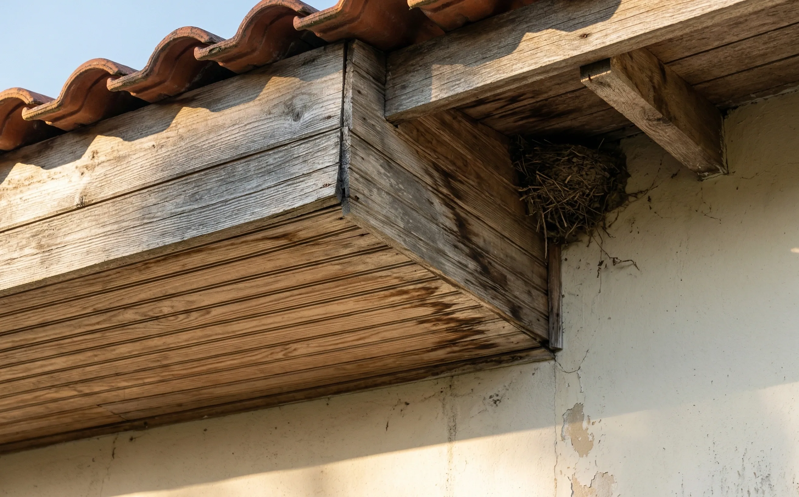 Sous-face en lambris bois naturel sous le débord d'une maison ancienne, veinure du pin visible avec traces de grisaillement et tuiles canal au-dessus