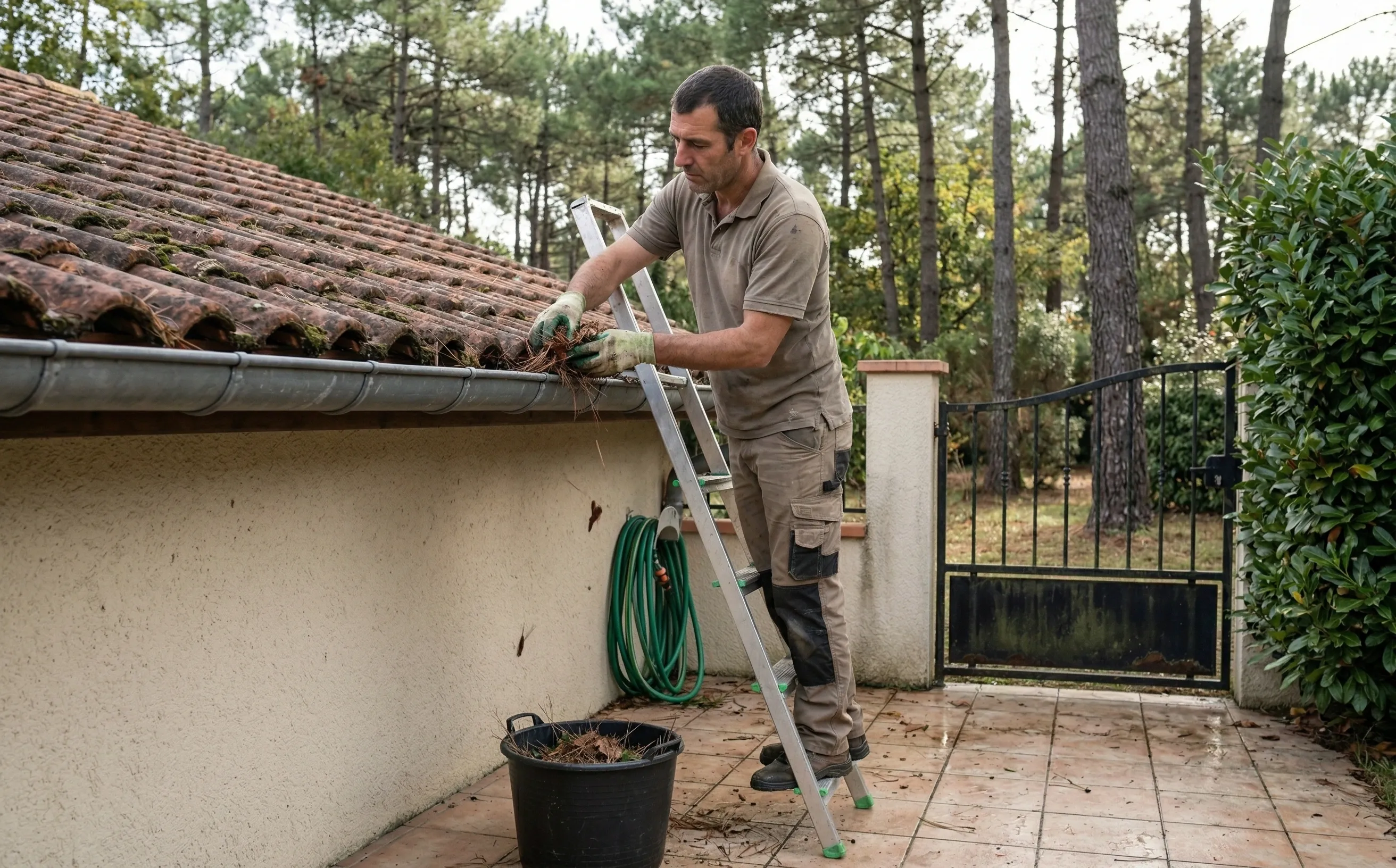 Locataire nettoyant une gouttière depuis une échelle basse dans un jardin de pavillon girondin avec pins maritimes