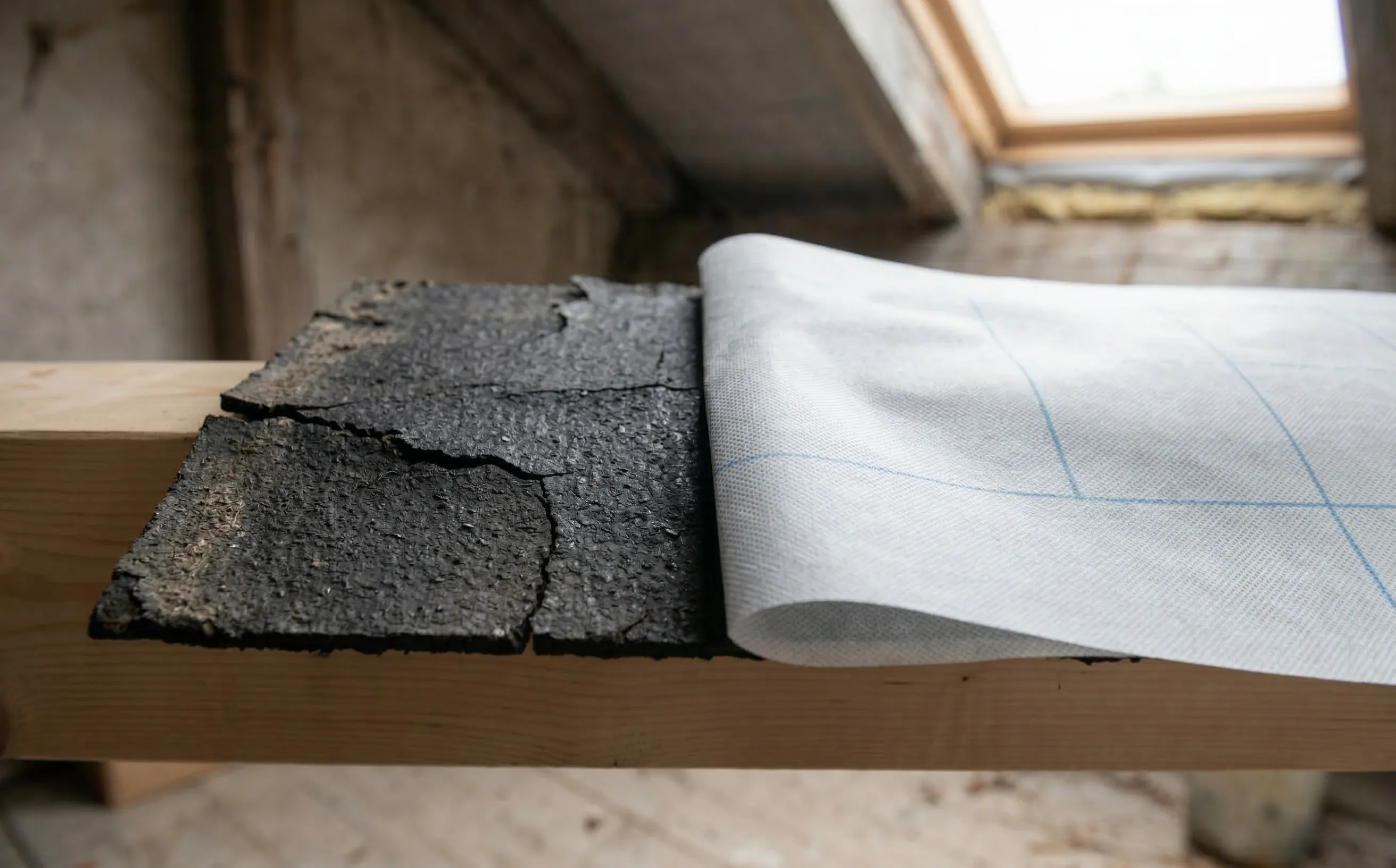 Comparaison entre une membrane bitumineuse vieillie et un écran HPV neuf posés sur les chevrons d'une charpente en rénovation