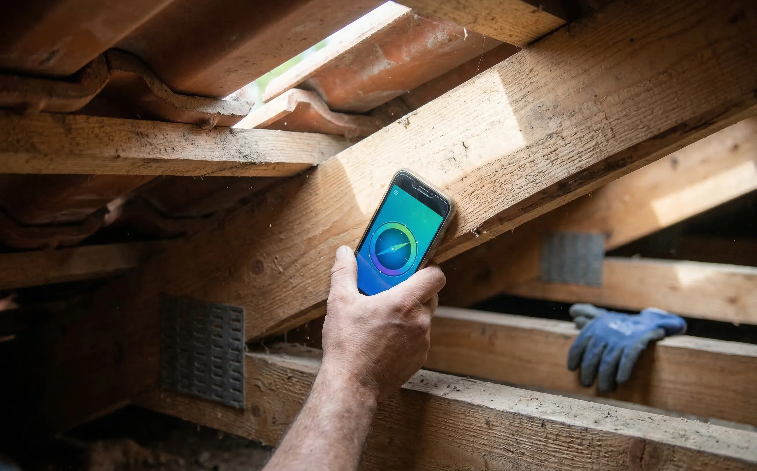 Smartphone utilisé comme inclinomètre pressé contre un chevron de charpente en bois
