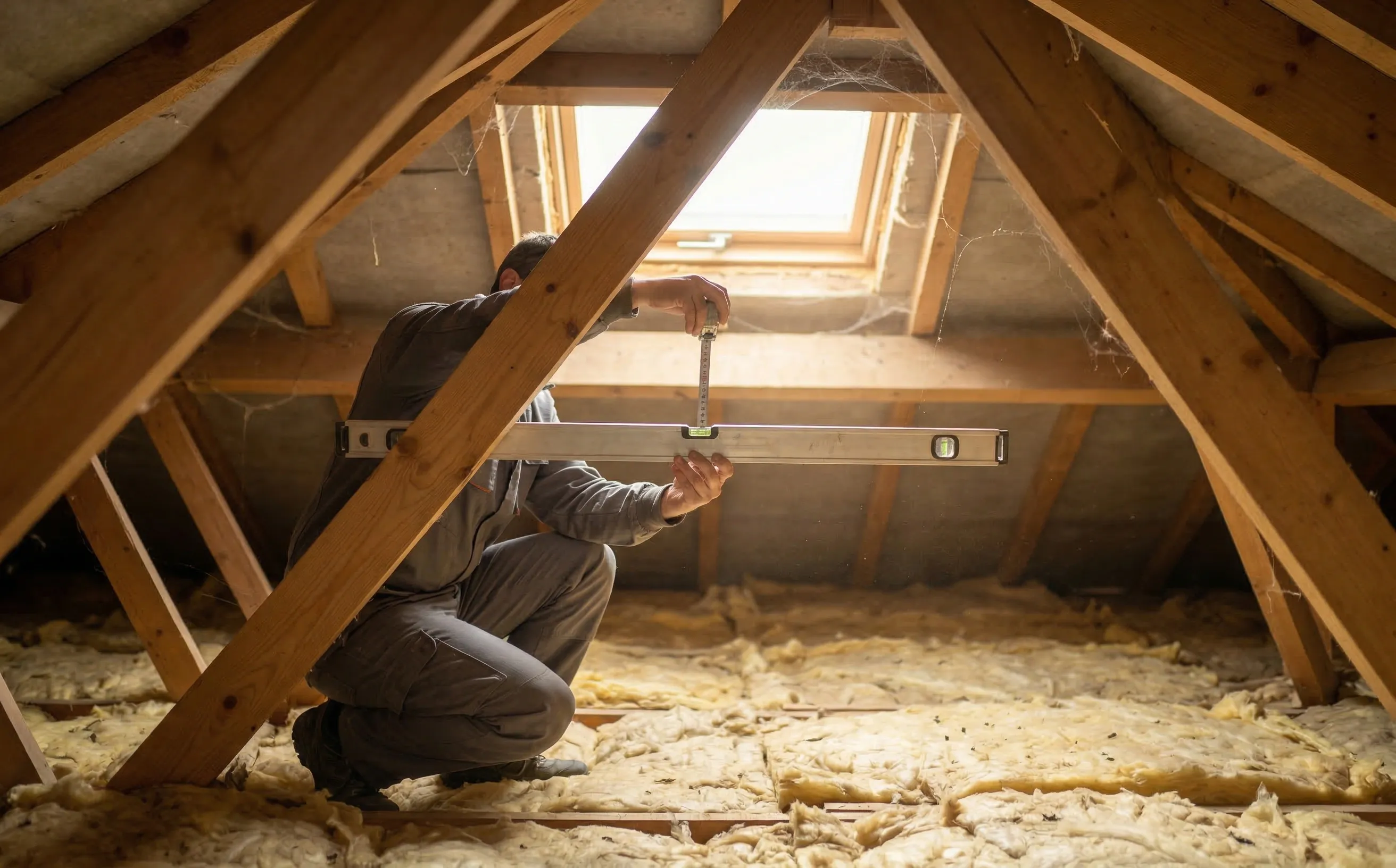 Couvreur dans des combles mesurant la pente avec un niveau à bulle et un mètre ruban contre un chevron