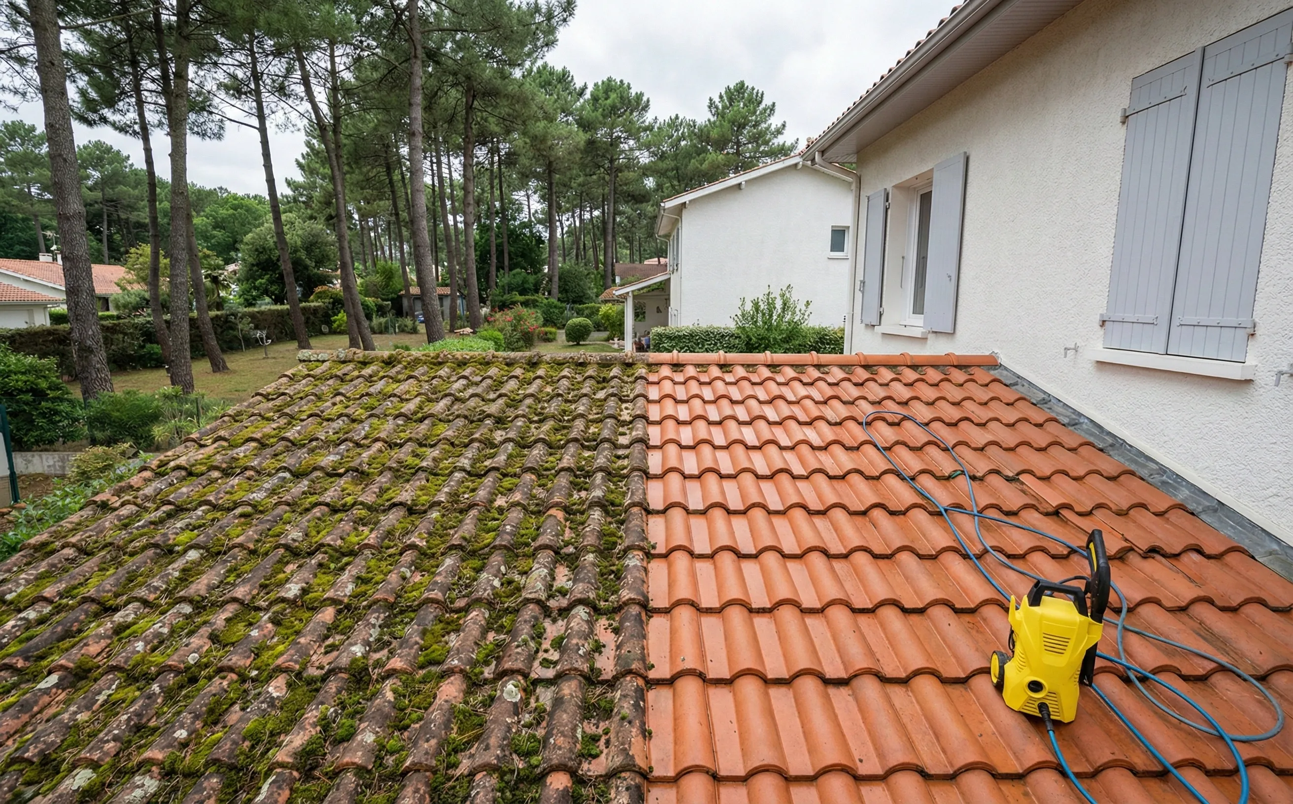 Nettoyage de toiture haute pression sur une couverture en tuiles a Pessac