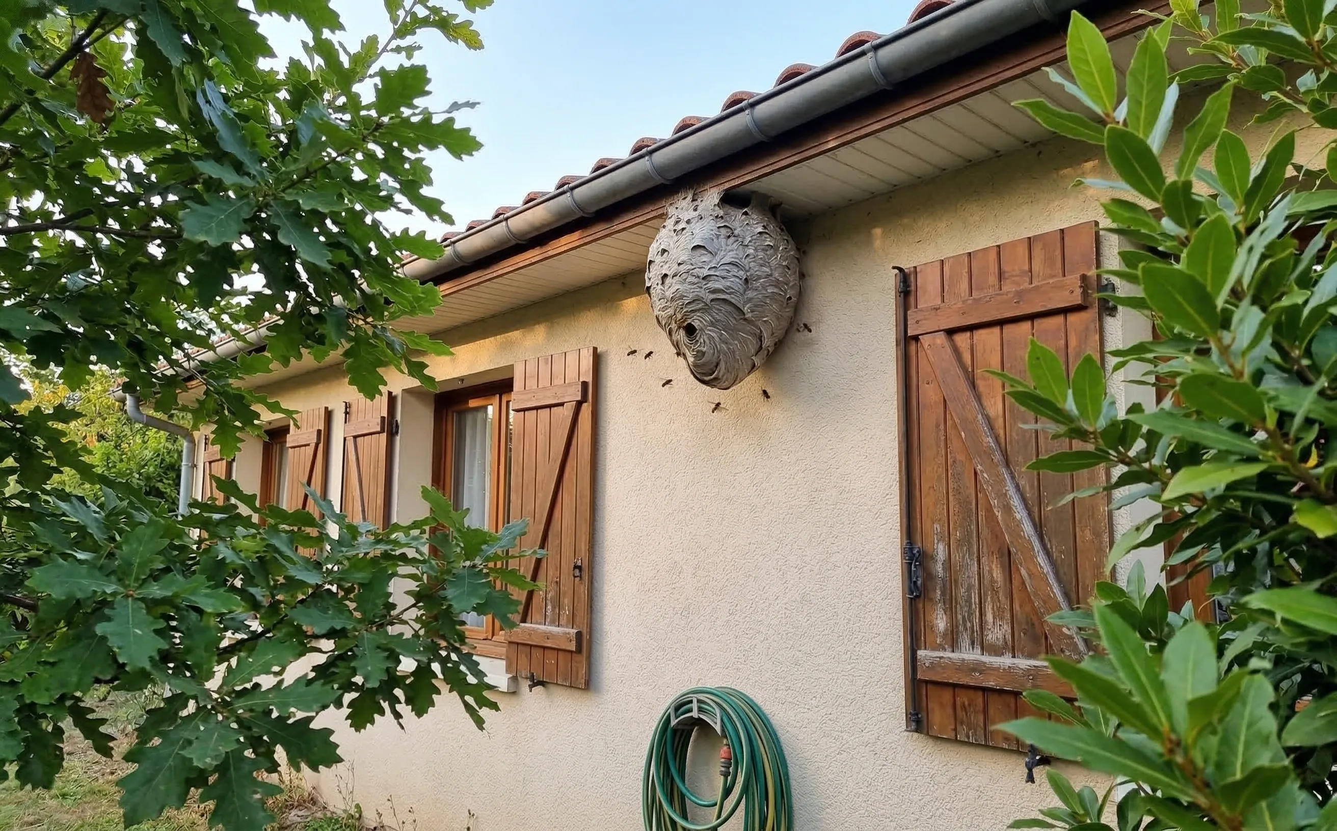 Nid de frelons asiatiques en forme de goutte grise sous l'avancée de toit d'un pavillon girondin