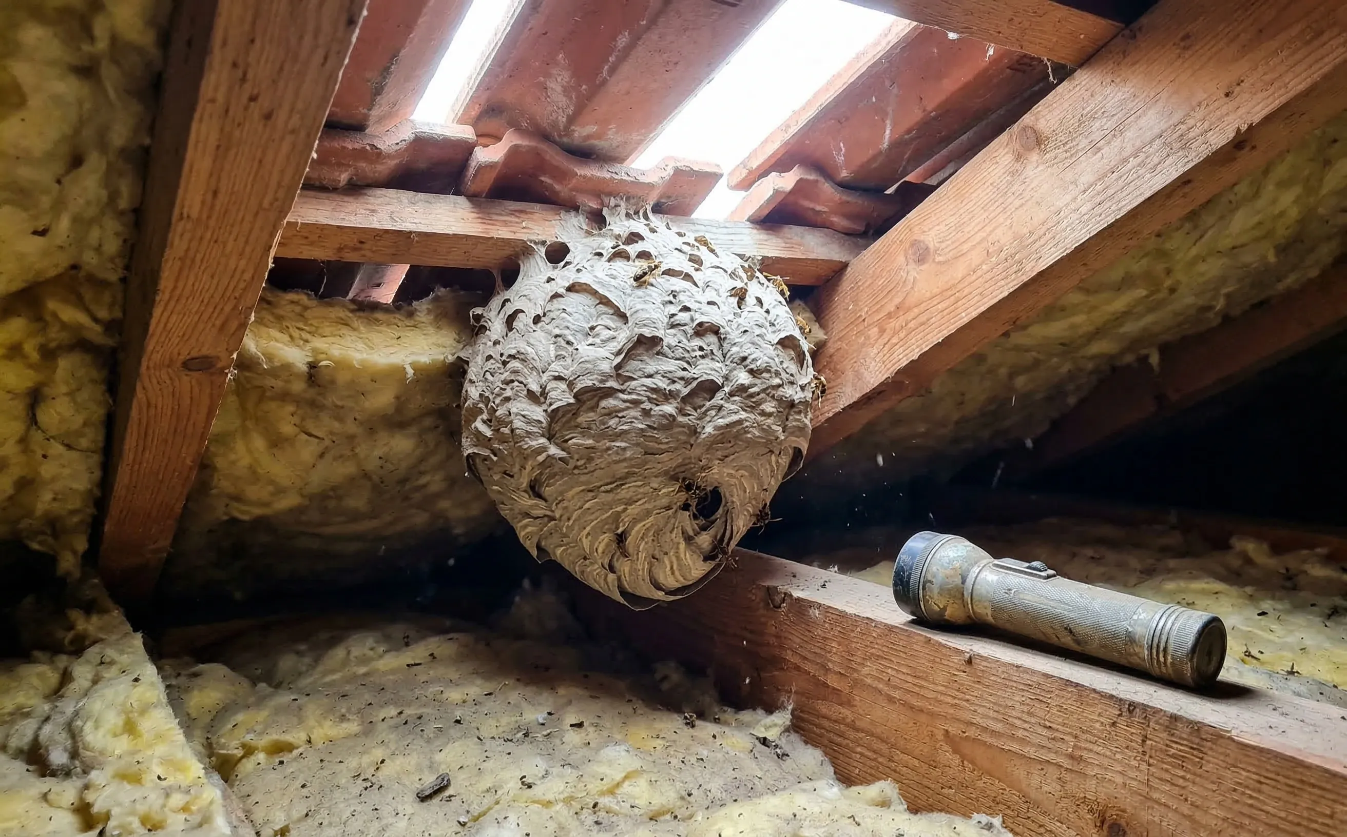 Nid de guêpes en papier mâché visible sous des tuiles soulevées dans les combles d'un pavillon